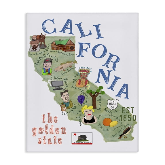 Stupell Industries Contemporary California the Golden State Illustrated Map Canvas Art, 30 x 40, by Carla Daly