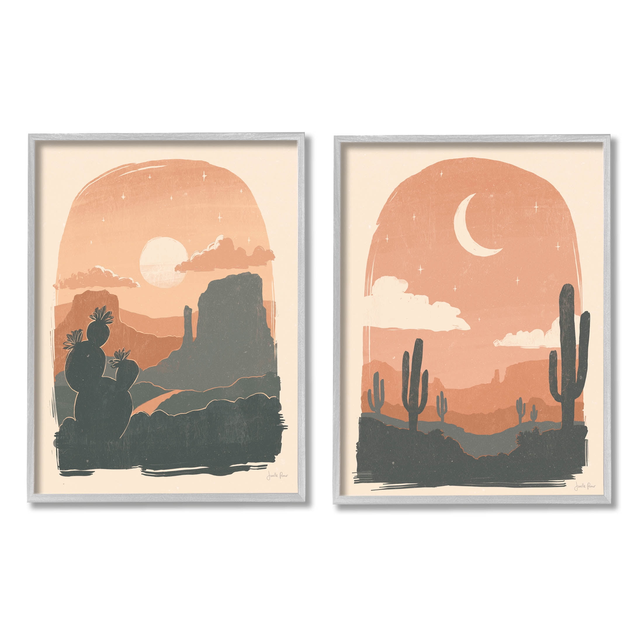 Stupell Industries Contemporary Desert Scene Silhouette Graphic Art Gray Framed Art Print Wall Art, Set of 2, Design by Janelle Penner