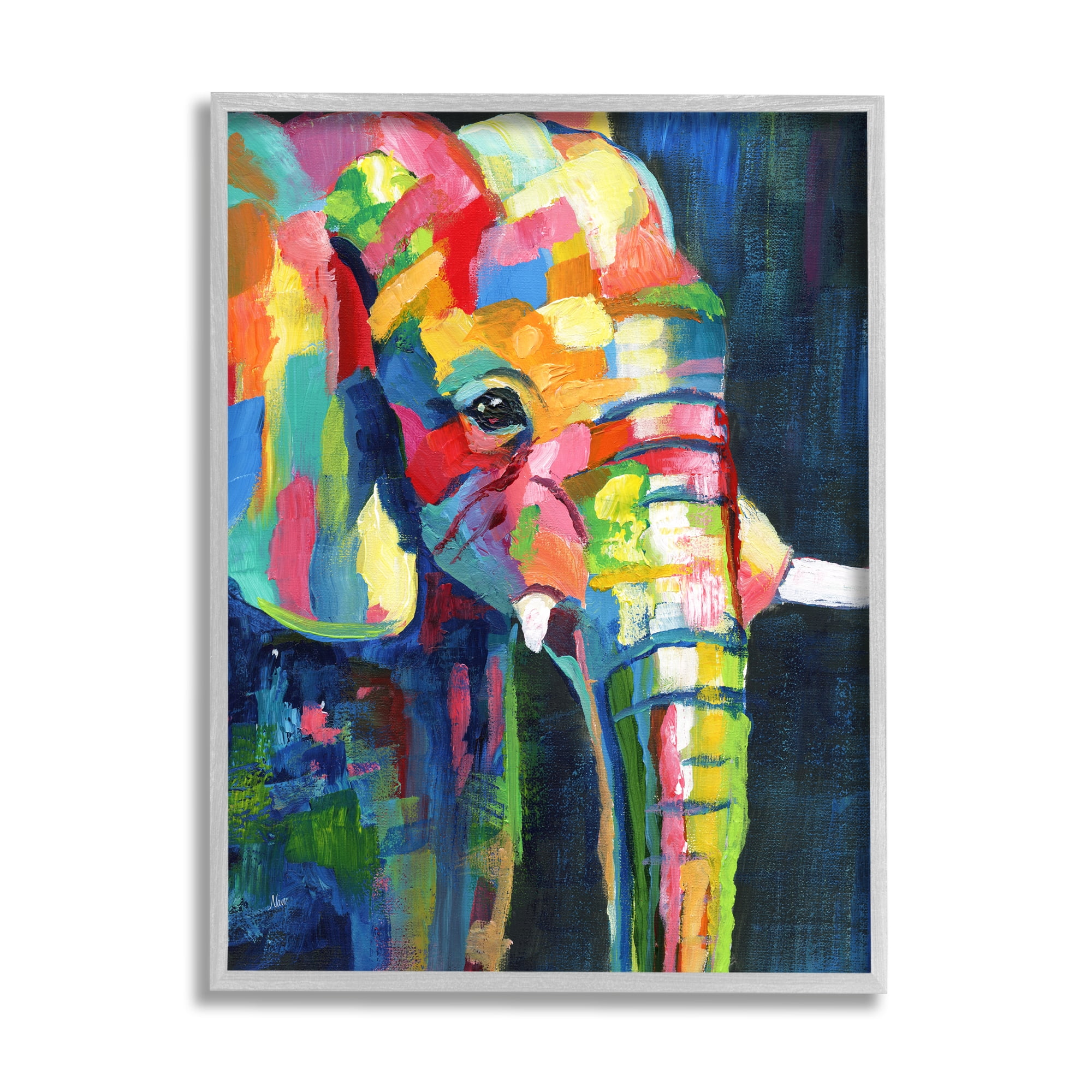 Stupell Industries Contemporary Elephant Abstract Patchwork Rainbow Animals & Insects Painting Gray Framed Art Print Wall Art, 11 x 14