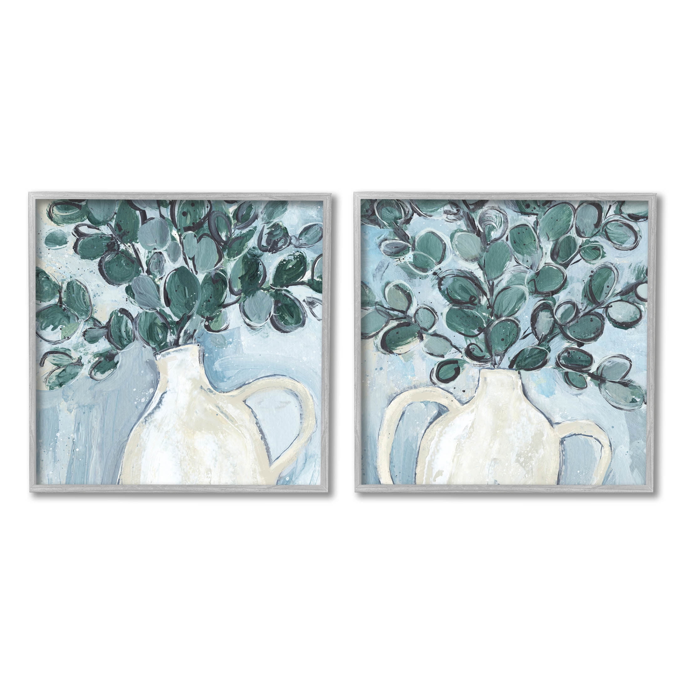 Stupell Industries Contemporary Eucalyptus Herb Vase Painting Gray Framed Art Print Wall Art, Set of 2, Design by Annie Warren