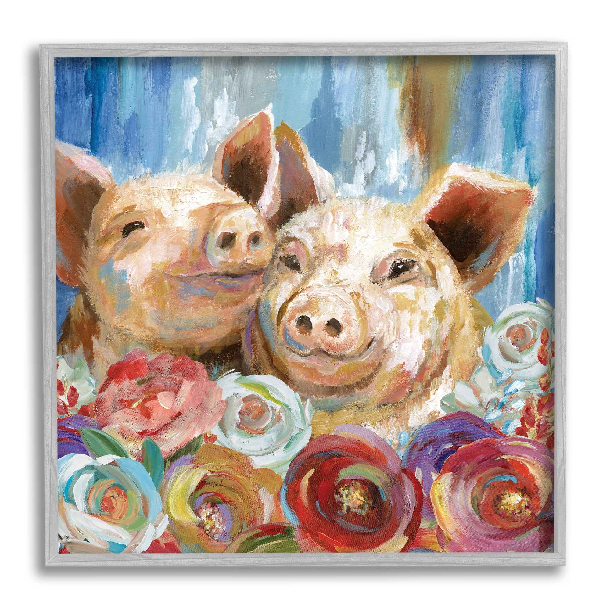 Stupell Industries Contemporary Farm Pig Couple Soft Petal Florals Animals & Insects Painting Gray Framed Art Print Wall Art, 24 x 24