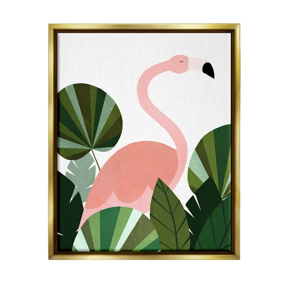 Stupell Industries Contemporary Flamingo Plant Leaves Animals & Insects Painting Gold Floater Framed Art Print Wall Art