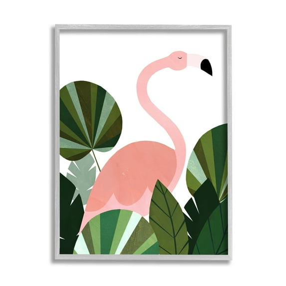 Stupell Industries Contemporary Flamingo Plant Leaves Animals & Insects Painting Gray Framed Art Print Wall Art