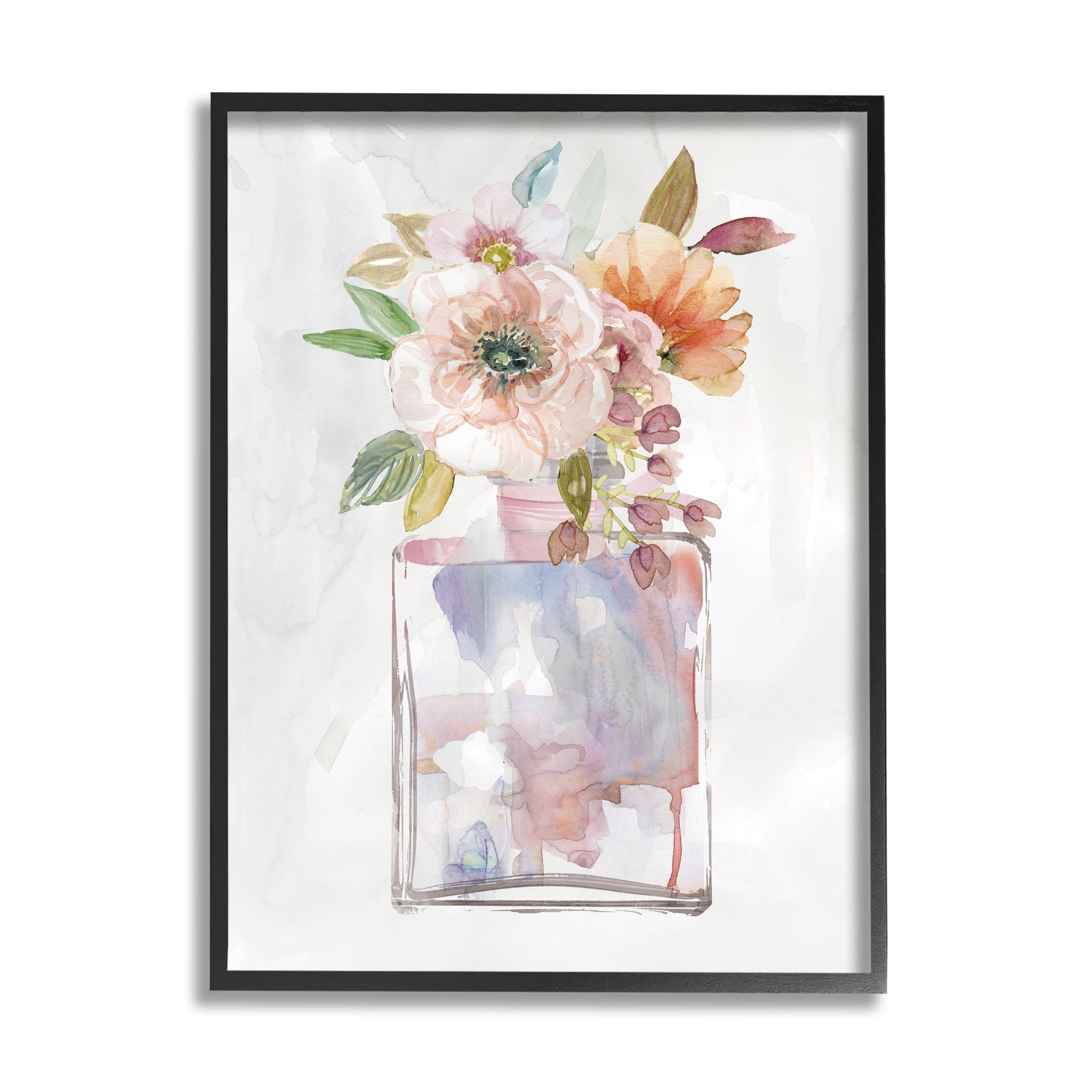 Stupell Industries Contemporary Floral Bouquet with Chic Fragrance Bottle Botanical & Floral Painting Black Framed Art Print Wall Art, 24 x 30