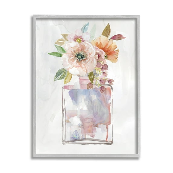 Stupell Industries Contemporary Floral Bouquet with Chic Fragrance Bottle Botanical & Floral Painting Gray Framed Art Print Wall Art, 16 x 20