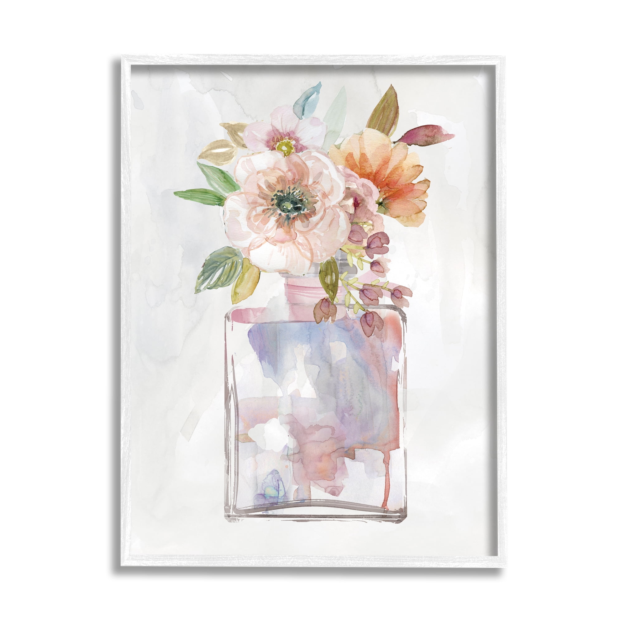 Stupell Industries Contemporary Floral Bouquet with Chic Fragrance Bottle Botanical & Floral Painting White Framed Art Print Wall Art, 16 x 20