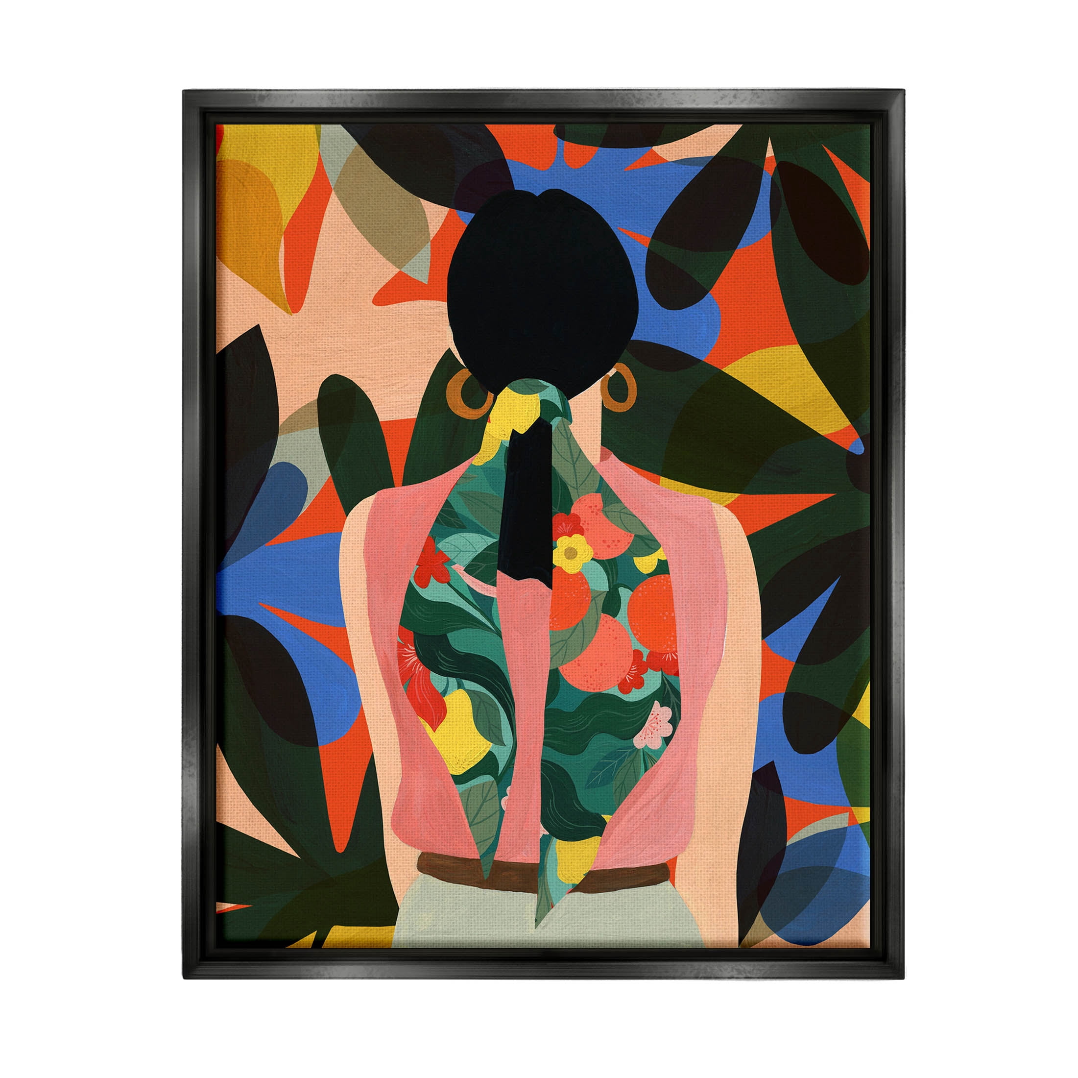 Stupell Industries Contemporary Floral Patterned Girl Graphic Art Jet Black Floating Framed Canvas Print Wall Art, Design by Emily Kopcik
