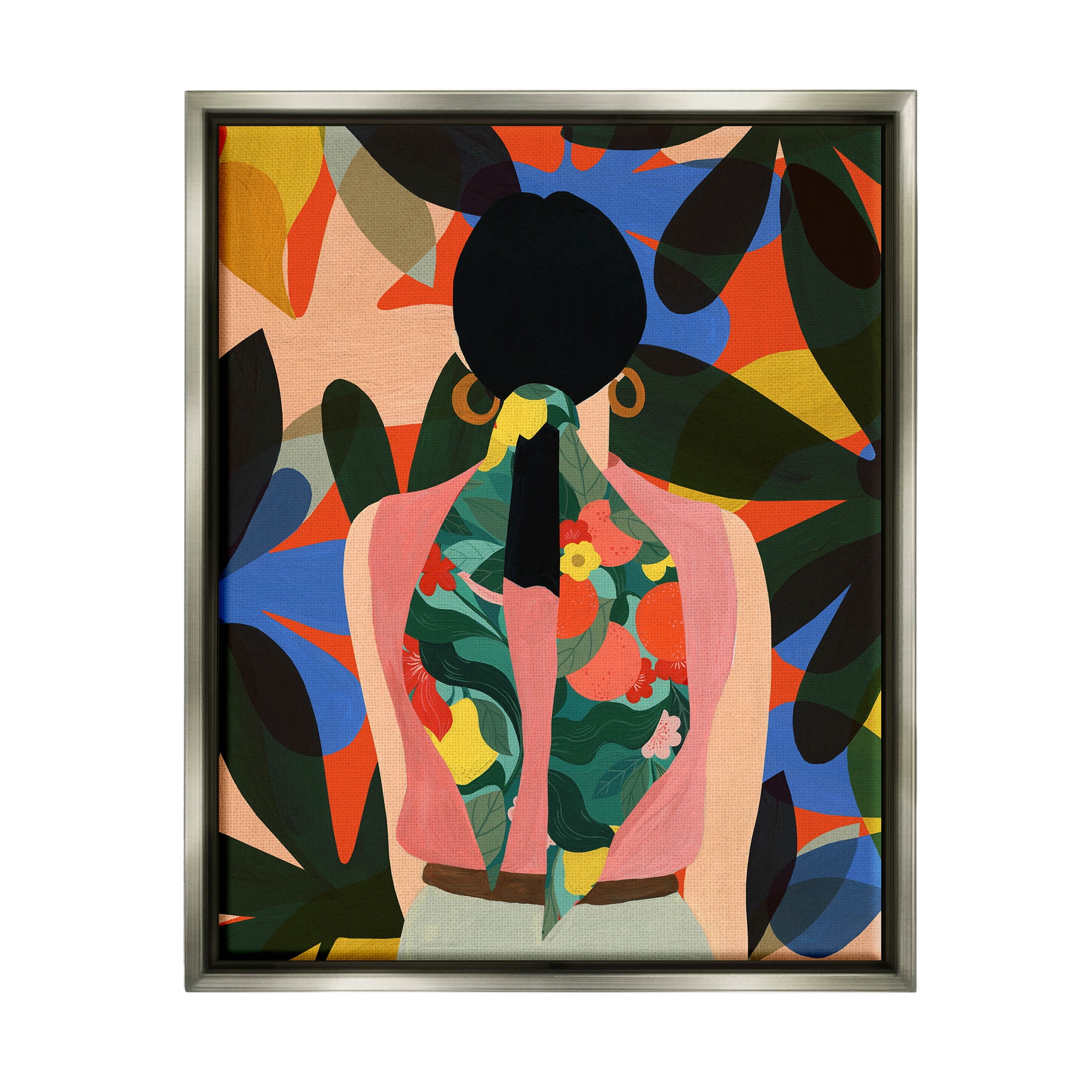 Stupell Industries Contemporary Floral Patterned Girl Graphic Art Luster Gray Floating Framed Canvas Print Wall Art, Design by Emily Kopcik
