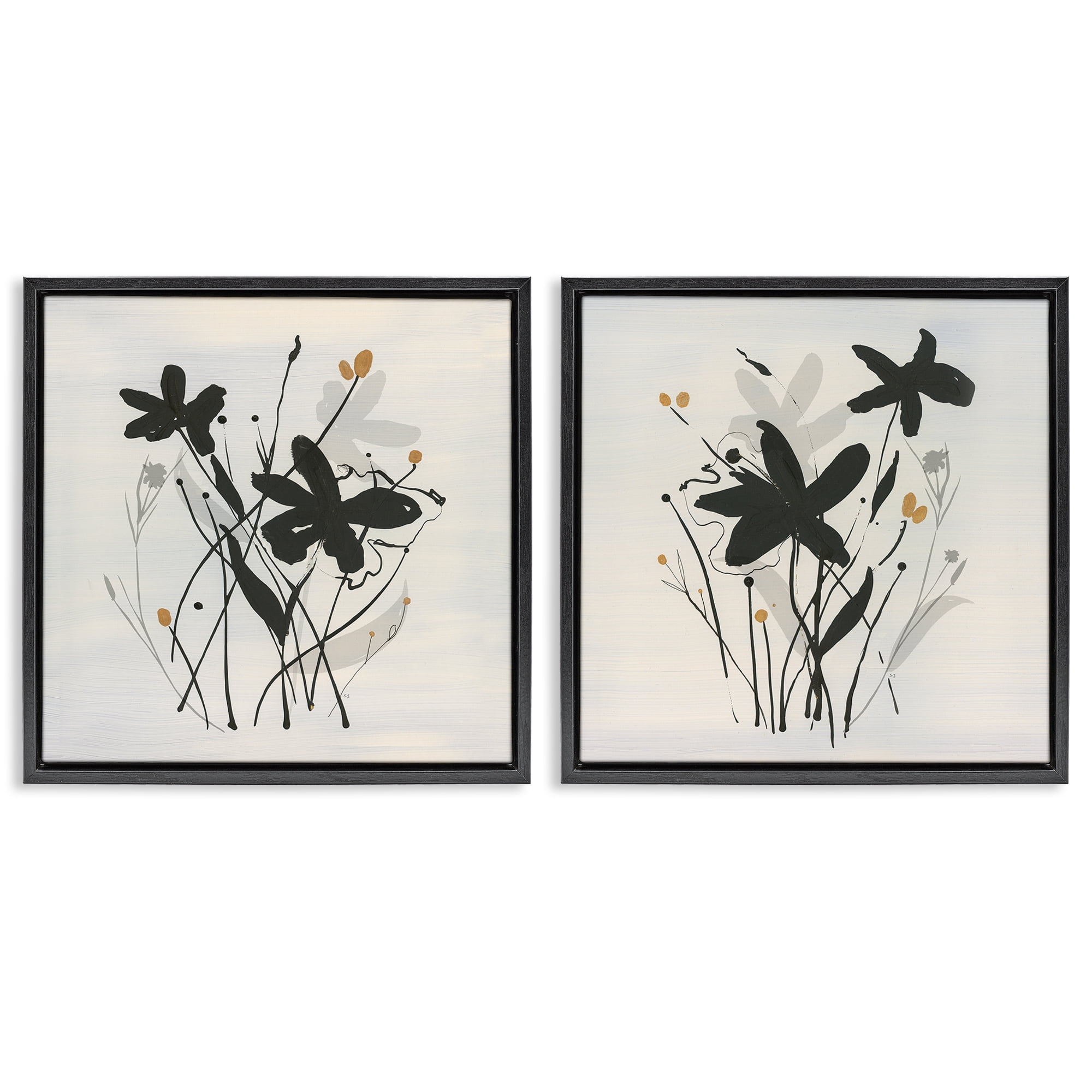 Stupell Industries Contemporary Floral Sprigs Plants & Flowers Painting Black Floater Framed Canvas Art Print Wall Art, 25 x 25, Set of 2