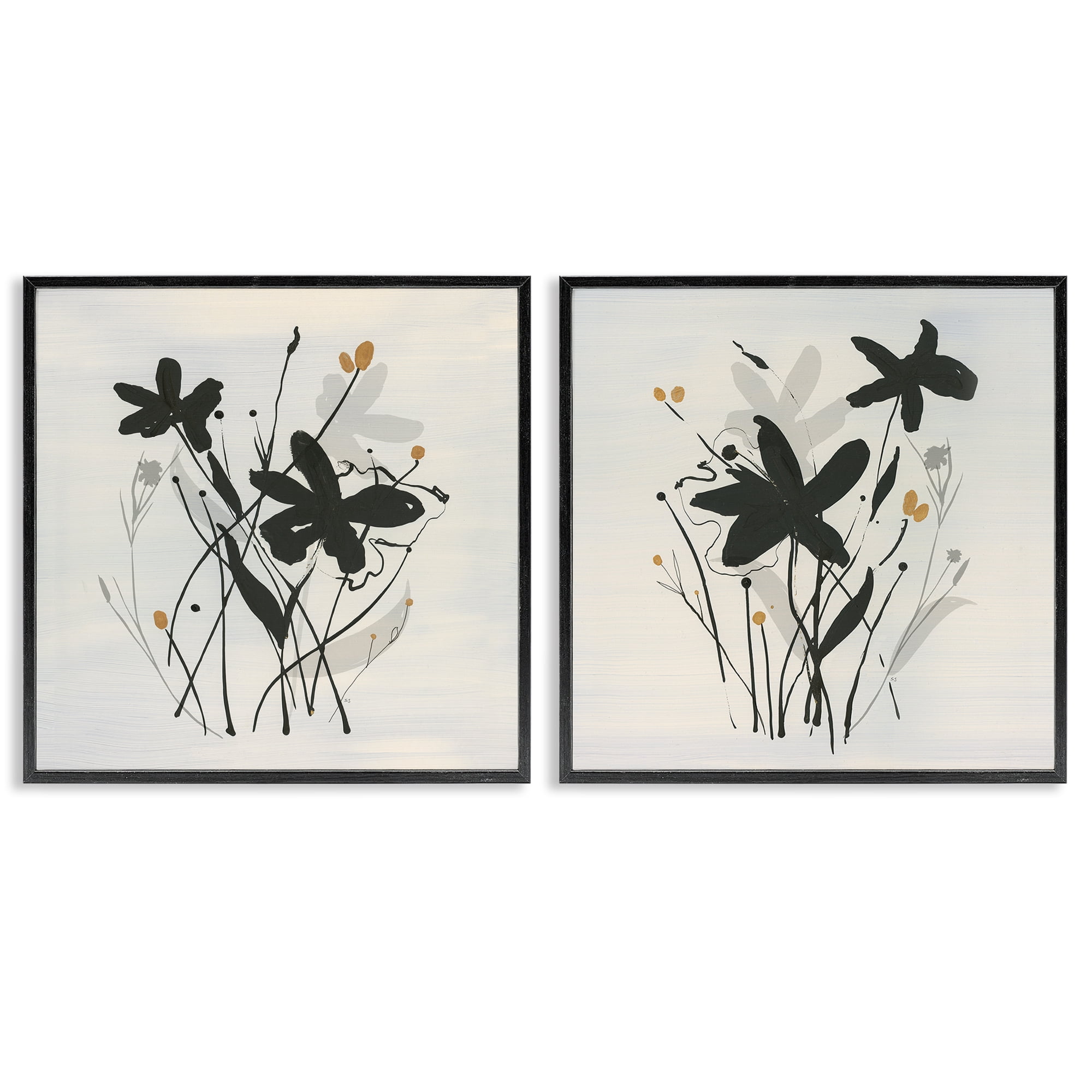 Stupell Industries Contemporary Floral Sprigs Plants & Flowers Painting Black Framed Art Print Wall Art, 24 x 24, Set of 2