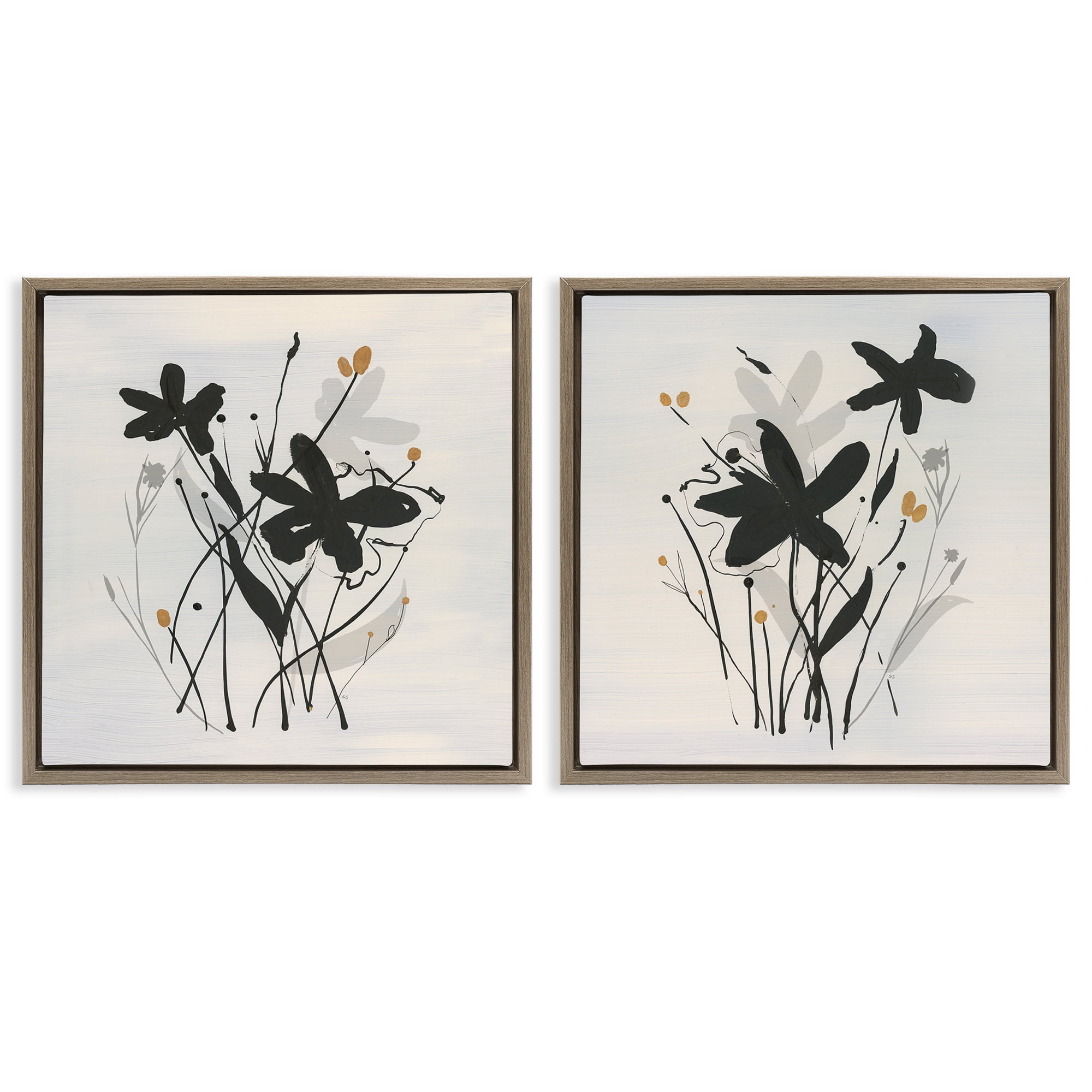 Stupell Industries Contemporary Floral Sprigs Plants & Flowers Painting Brown Floater Framed Canvas Art Print Wall Art, 25 x 25, Set of 2