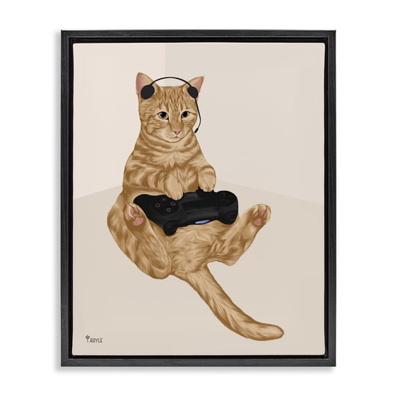 Stupell Industries Contemporary Gamer Tabby Cat Black Floating Frame Canvas Art, 17 x 21, by Tara Royle
