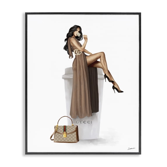 Stupell Industries Contemporary Glam Brand Fashion Girl Coffee Cup Black Framed Giclee Art, 24 x 30, by Ziwei Li