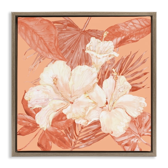 Stupell Industries Contemporary Hibiscus & Palm Bundle Brown Floating Frame Canvas Art, 18 x 18, by Paul Brent
