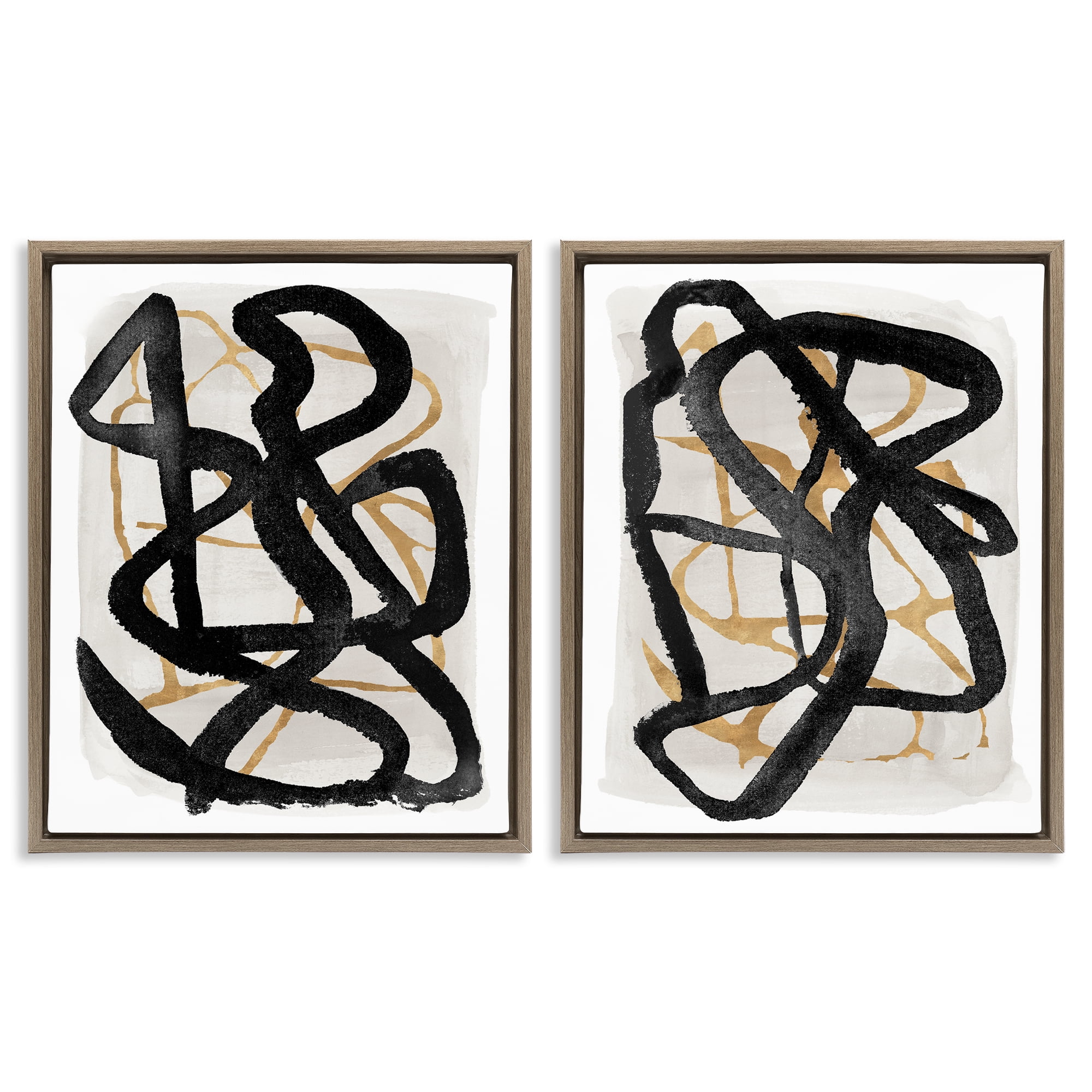 Stupell Industries Contemporary Hindsight Squiggles 2 Piece Brown Framed Floater Canvas Set, design by Lucille Price