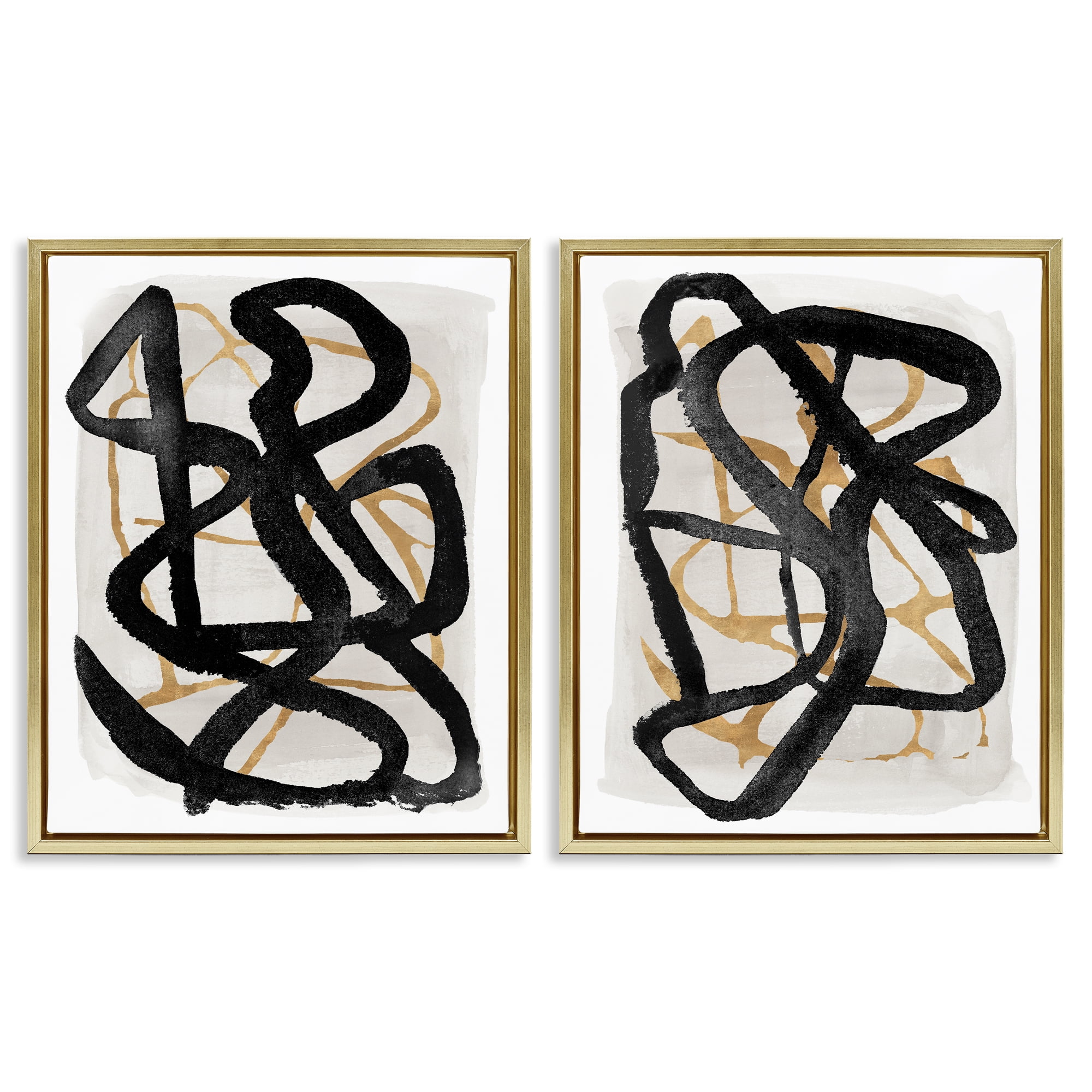 Stupell Industries Contemporary Hindsight Squiggles 2 Piece Gold Framed Floater Canvas Set, design by Lucille Price