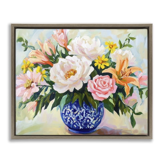 Stupell Industries Contemporary Indigo Chinoiserie with Assorted Flowers Brown Floating Frame Canvas Art, 21 x 17, by Petals Prints Design