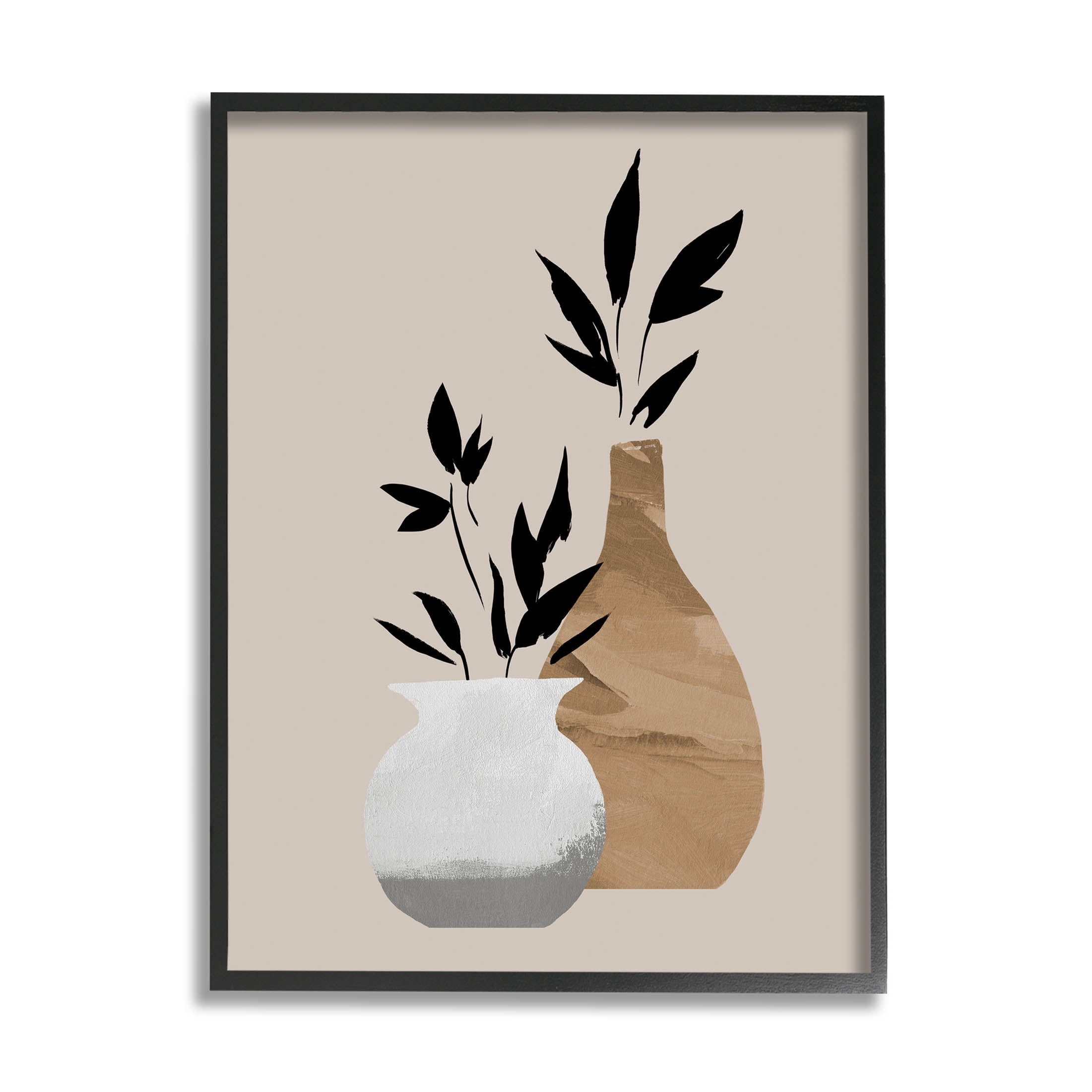 Stupell Industries Contemporary Leaf Sprig Vases Graphic Art Black Framed Art Print Wall Art, Design by Jacob Green