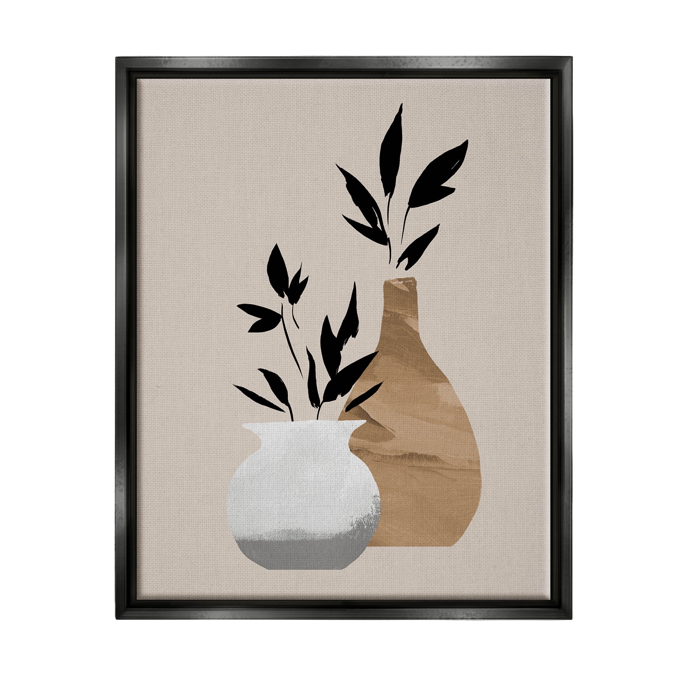 Stupell Industries Contemporary Leaf Sprig Vases Graphic Art Jet Black Floating Framed Canvas Print Wall Art, Design by Jacob Green