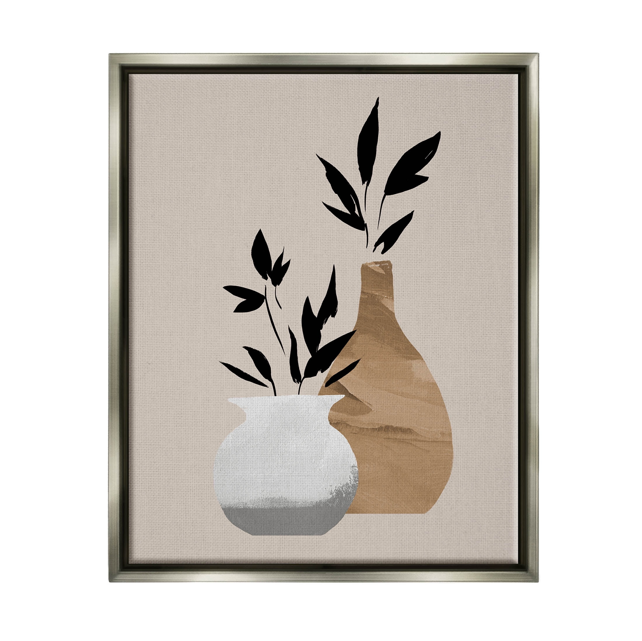 Stupell Industries Contemporary Leaf Sprig Vases Graphic Art Luster Gray Floating Framed Canvas Print Wall Art, Design by Jacob Green