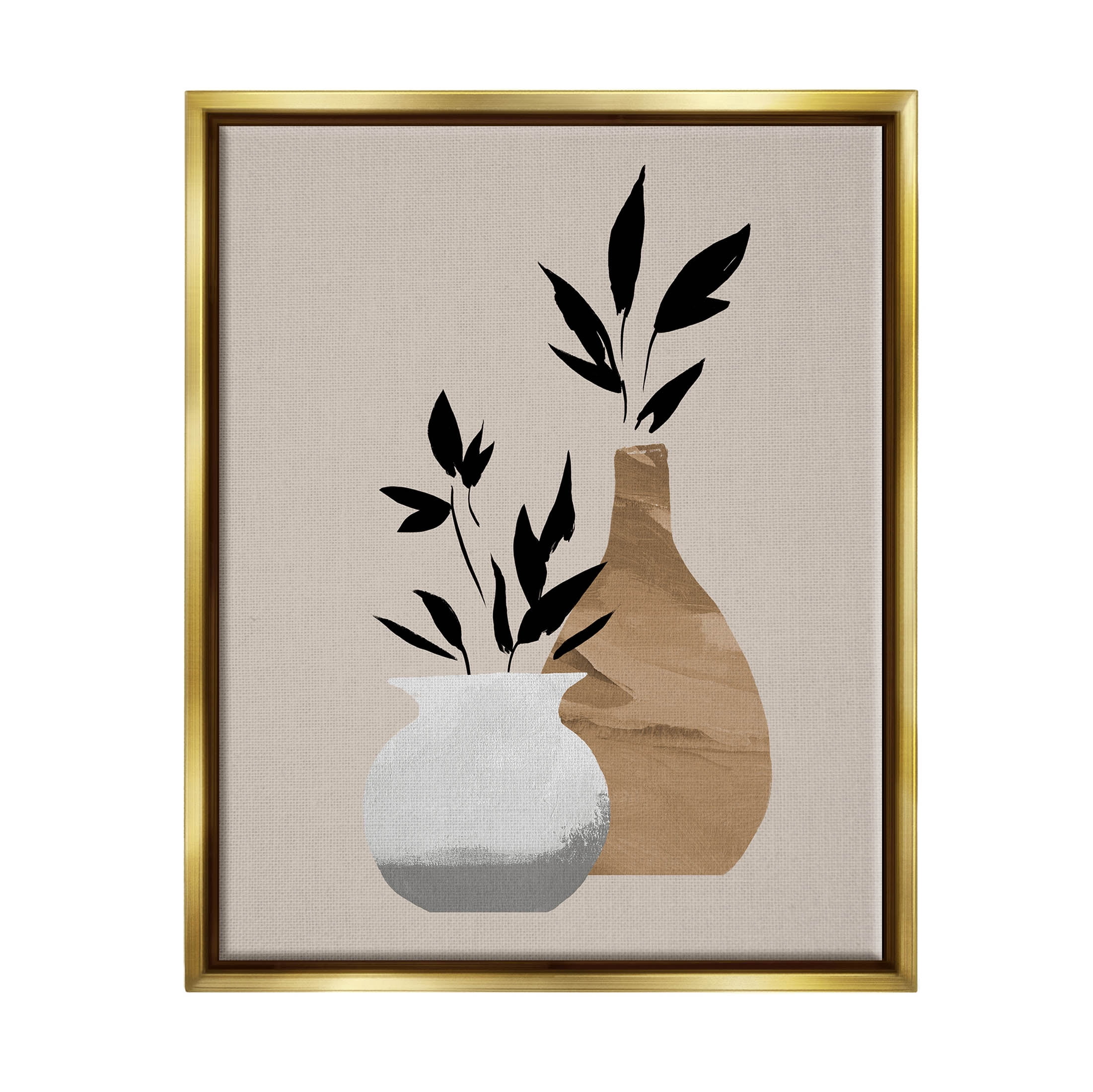 Stupell Industries Contemporary Leaf Sprig Vases Graphic Art Metallic Gold Floating Framed Canvas Print Wall Art, Design by Jacob Green