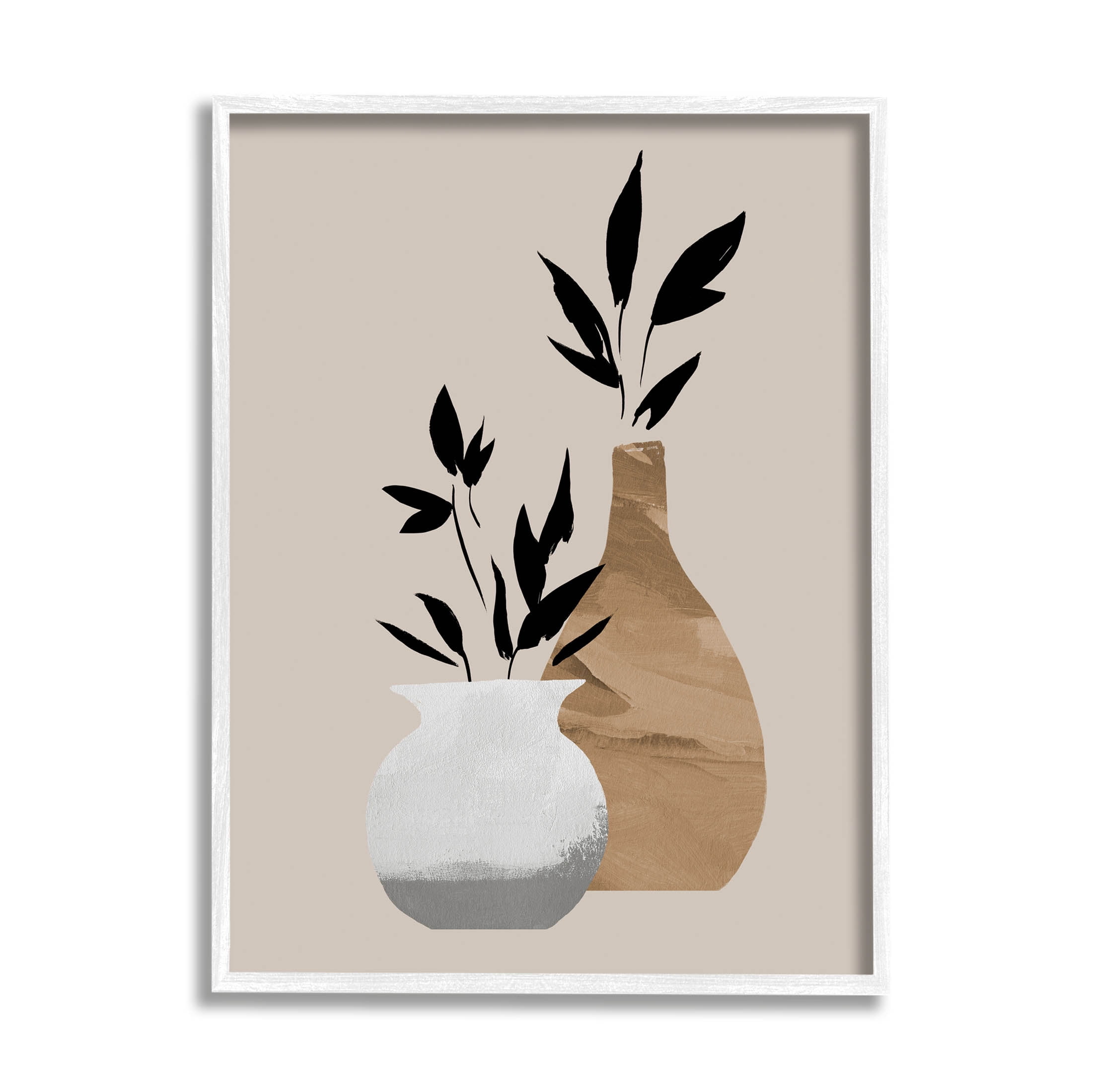 Stupell Industries Contemporary Leaf Sprig Vases Graphic Art White Framed Art Print Wall Art, Design by Jacob Green