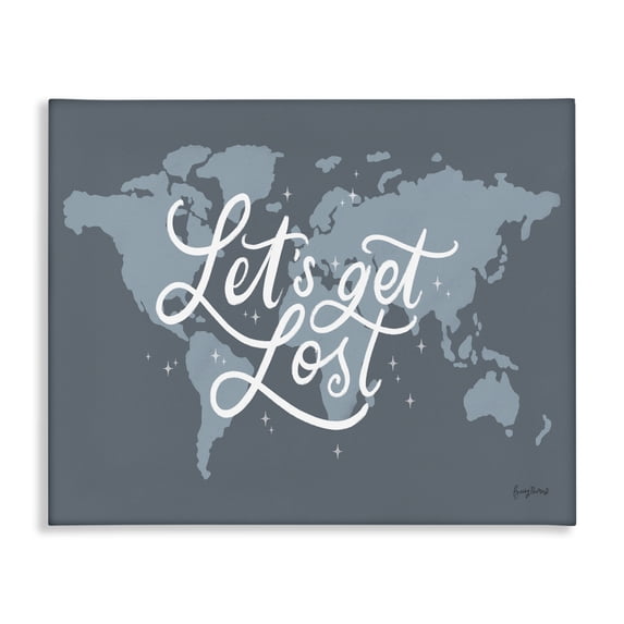 Stupell Industries Contemporary Let's Get Lost Adventure Phrase Blue World Map Canvas Art, 30 x 24, by Becky Thorns