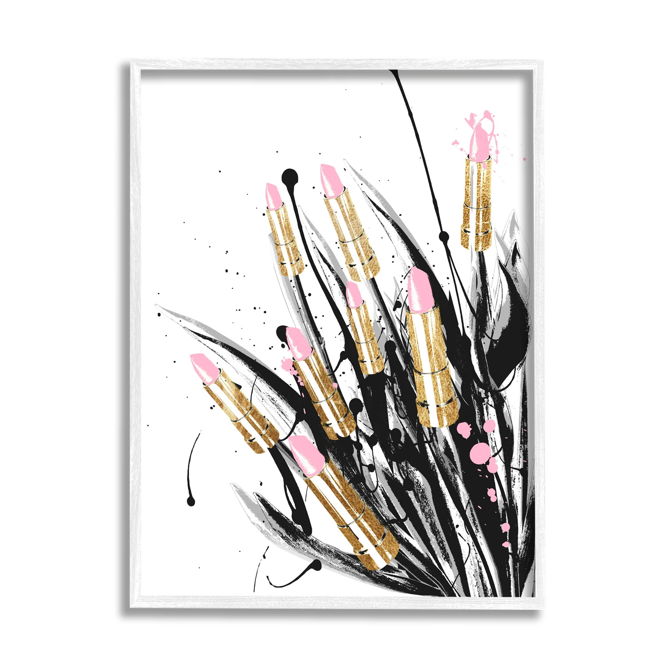 Glam Gold and Pink Lipstick Abstract Canvas Print in White Frame