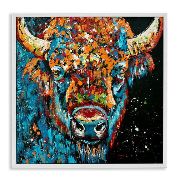 Stupell Industries Contemporary Modern Bison with Paint Splatter White Framed Giclee Art, 17 x 17, by Jen Seeley