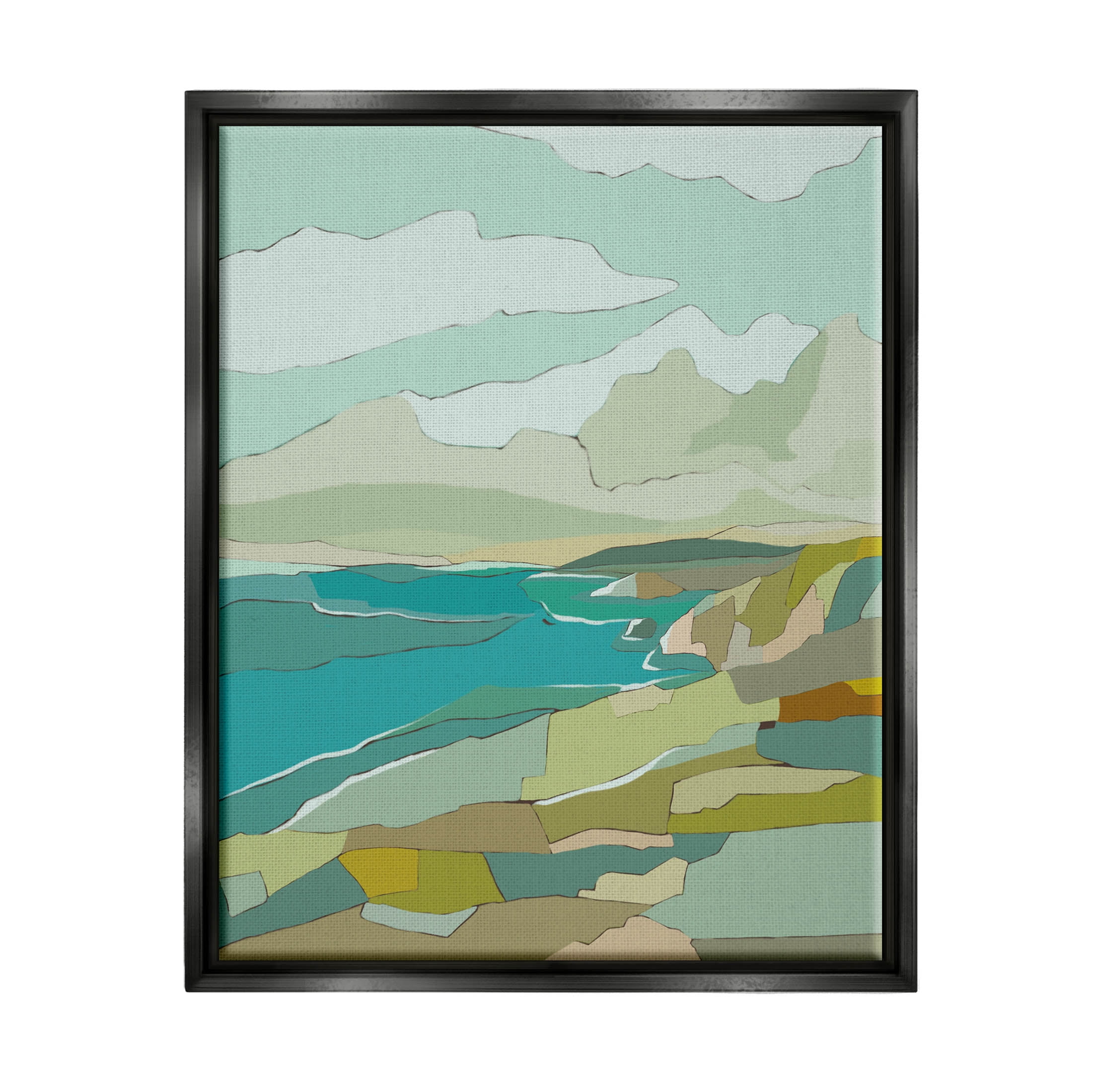 Stupell Industries Contemporary Mountainous Blocked Shore Graphic Art Jet Black Floating Framed Canvas Print Wall Art, Design by Nikita Jariwala