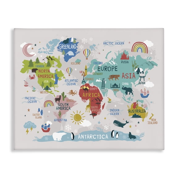 Stupell Industries Contemporary Native Animals World Map Educational Wildlife Atlas Canvas Art, 48 x 36, by Lisa Perry Whitebutton