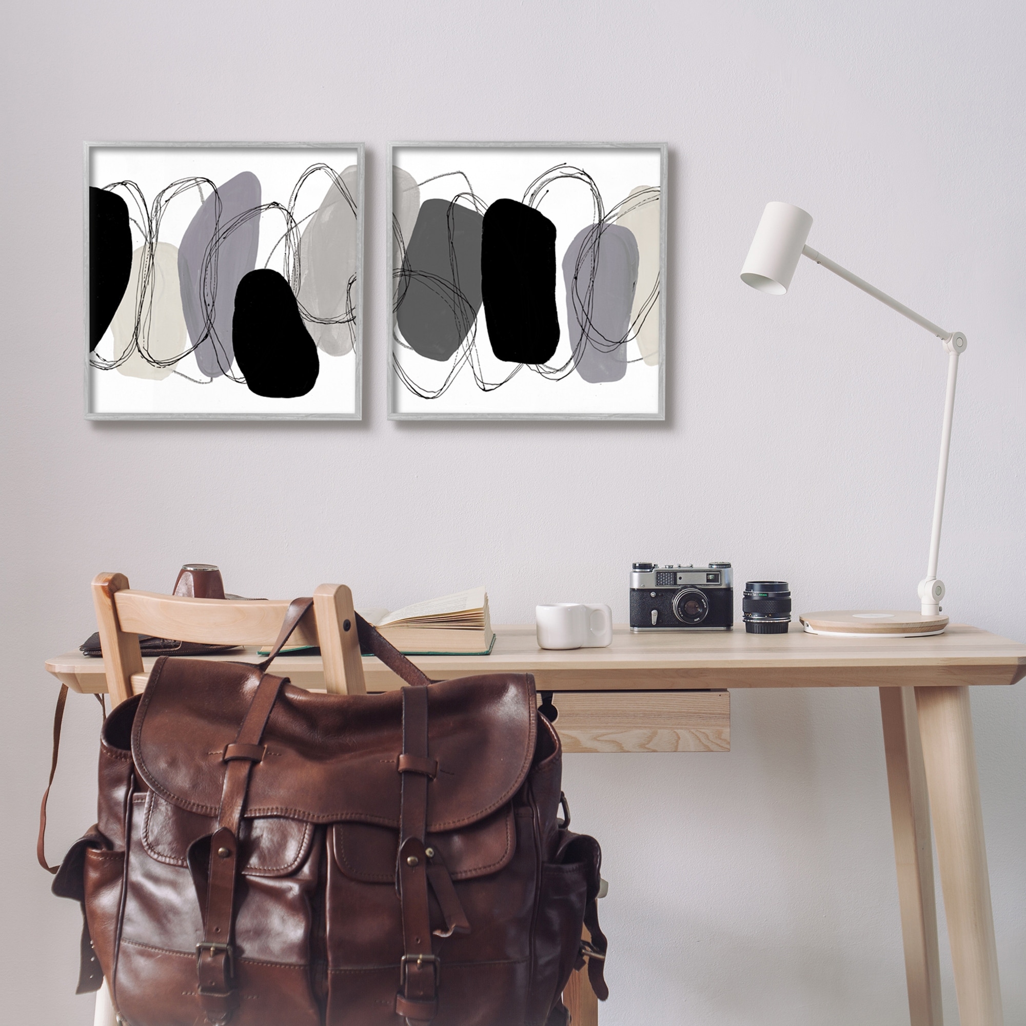 Stupell Industries Contemporary Oblique Circular Shapes Scribble Outlines Graphic Art Gray Framed Art Print Wall Art, Set of 2, Design by Ruth Fromstein