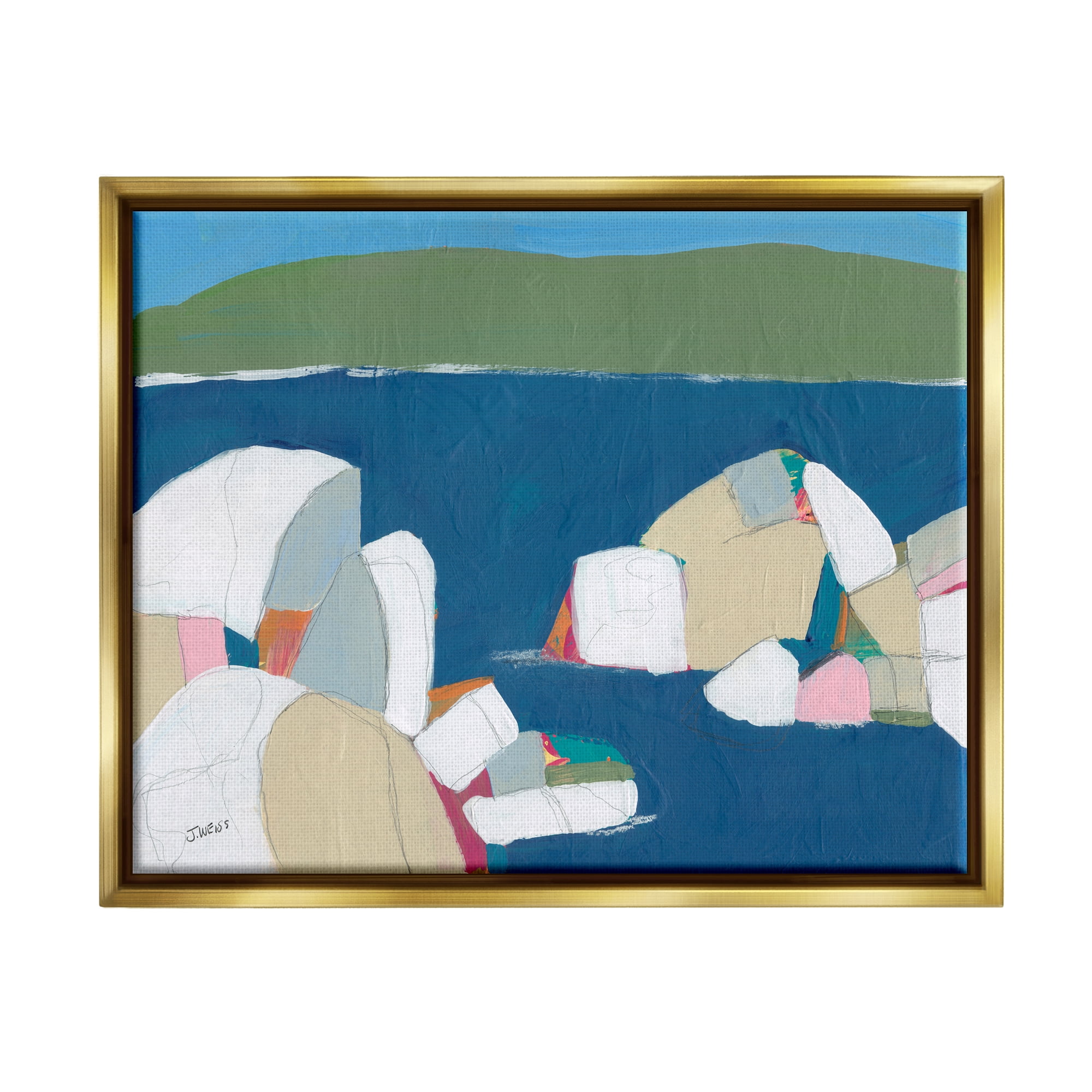 Stupell Industries Contemporary Ocean Rocks Coastal Painting Gold Floater Framed Art Print Wall Art