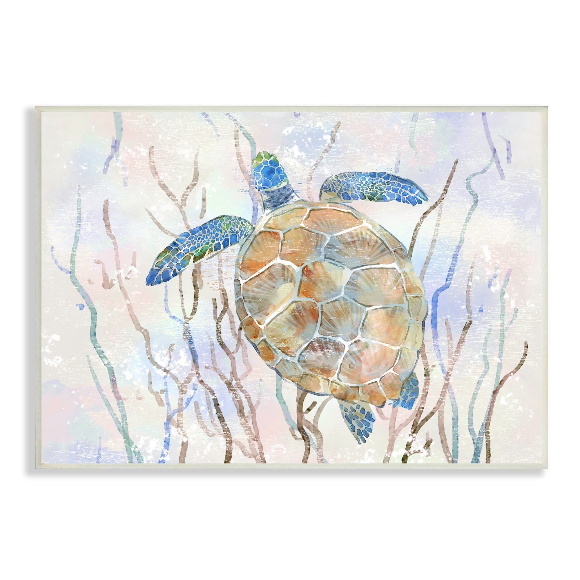Contemporary Blue and Brown MDF Wood Sea Turtle Wall Art
