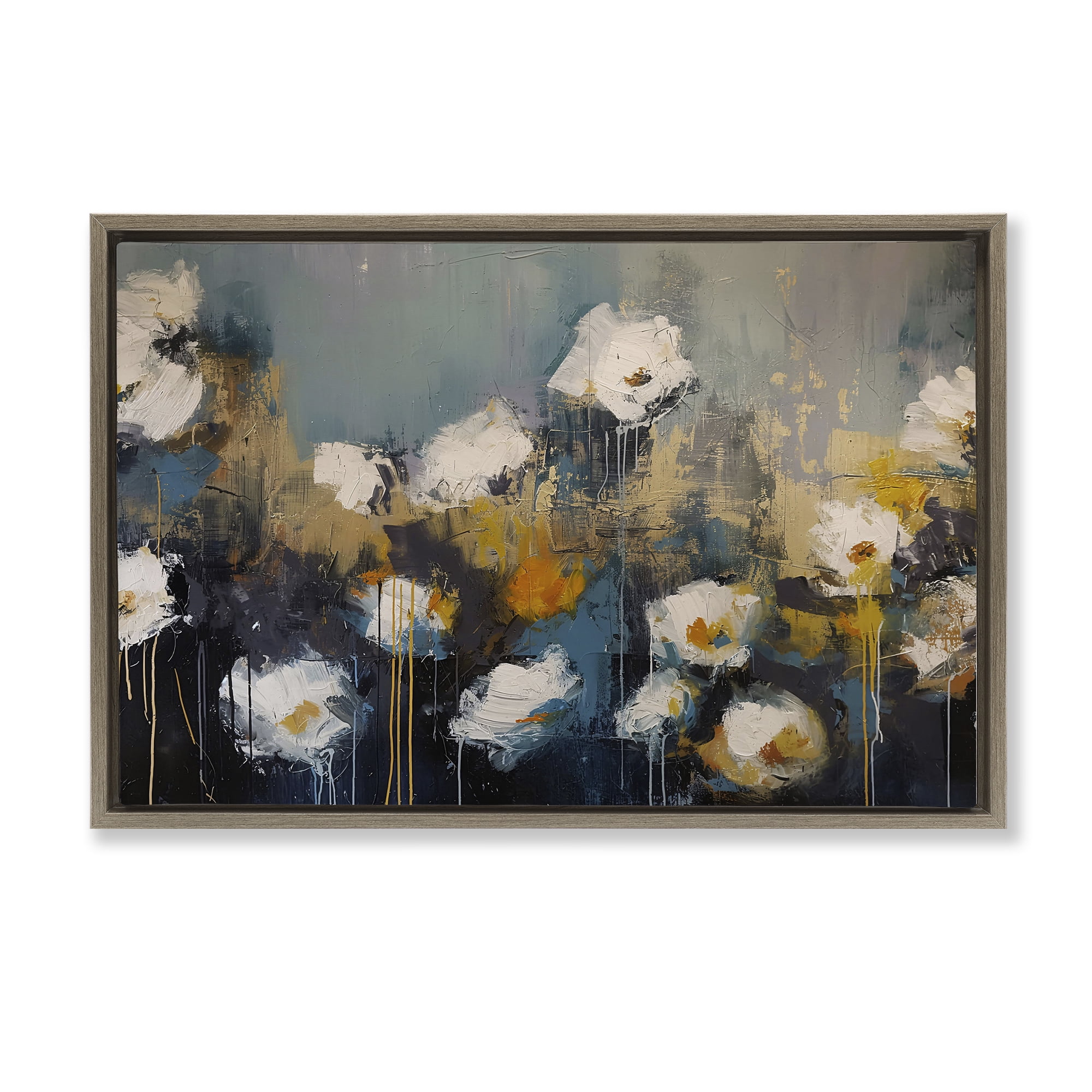 Stupell Industries Contemporary Paint Drip Blossoms Brown Framed Floater Canvas Wall Art, design by Jacky Ngan