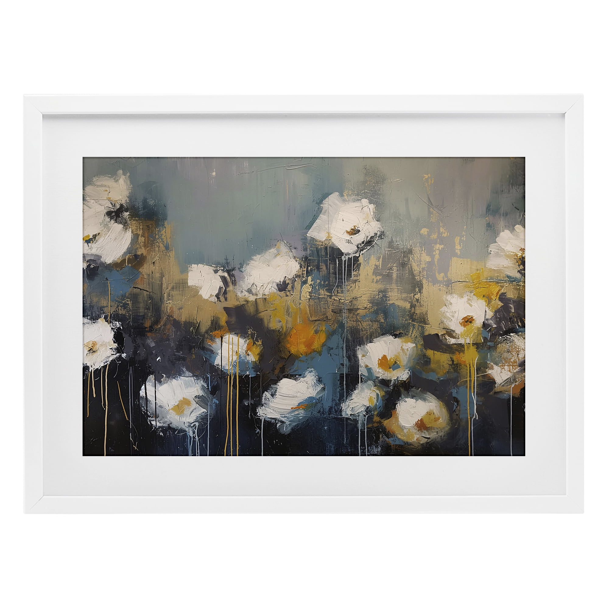Stupell Industries Contemporary Paint Drip Blossoms White Framed Print Under Glass, design by Jacky Ngan