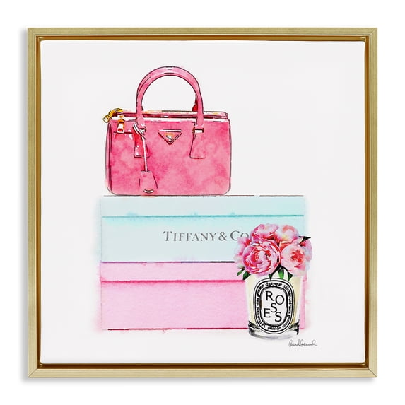 Stupell Industries Contemporary Pink Purse on Stacked Boxes Gold Floating Frame Canvas Art, 25 x 25, by Amanda Greenwood
