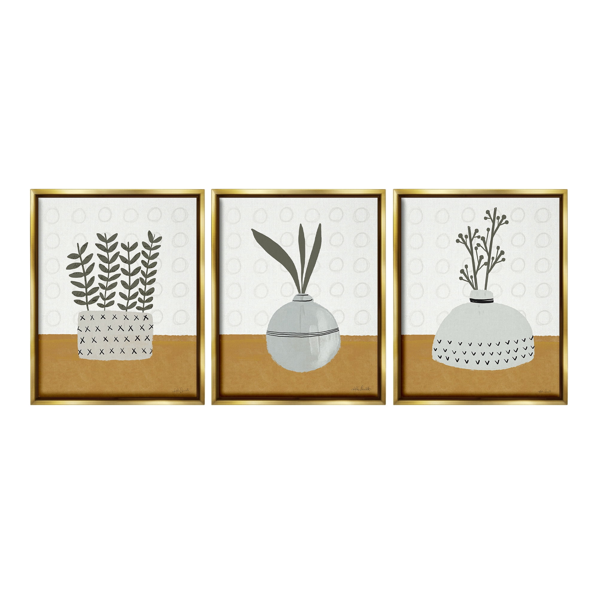 Stupell Industries Contemporary Plant Vases Botanical & Floral Painting Gold Floater Framed Canvas Art Print Wall Art, 17 x 21, Set of 3