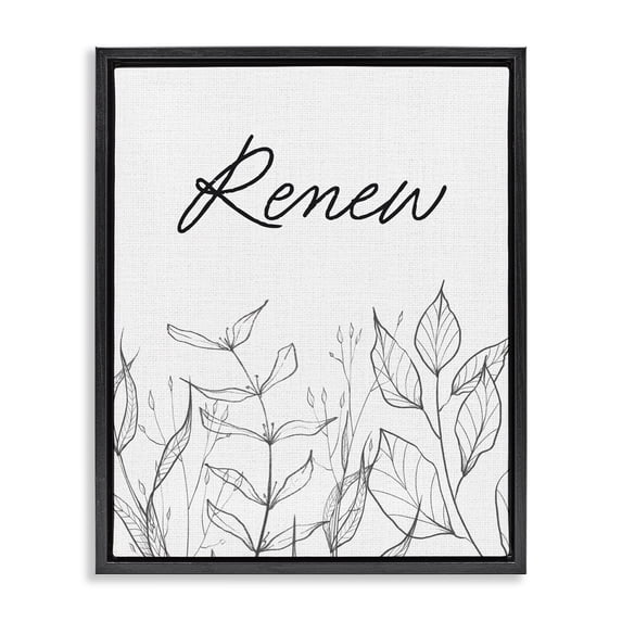 Stupell Industries Contemporary Renew with Leaf Outlines Black Floating Frame Canvas Art, 17 x 21, by Lettered and Lined