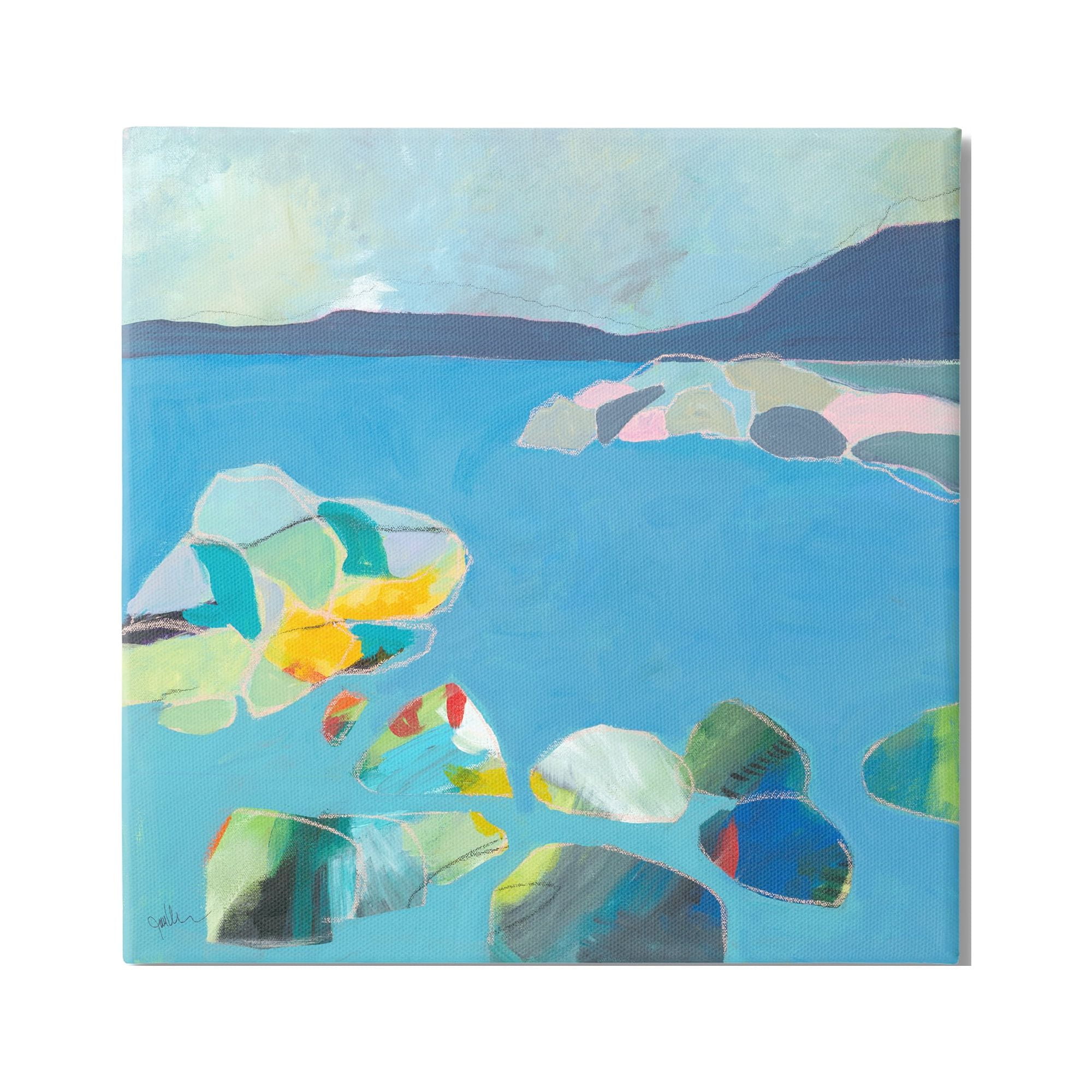 Abstract Coastal Landscape Canvas Art in Blue and Green, 17 x 17