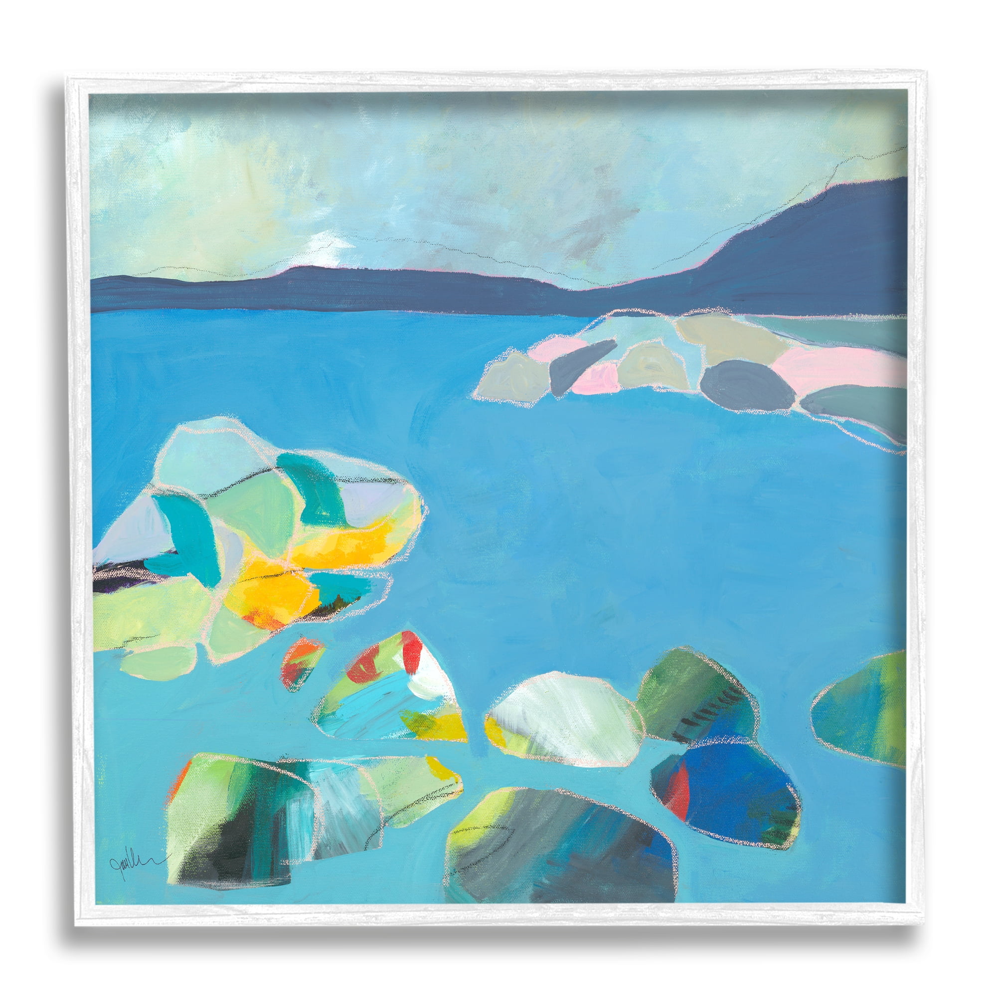 Stupell Industries Contemporary Rocks in Bay Landscape Painting White Framed Art Print Wall Art, 17 x 17