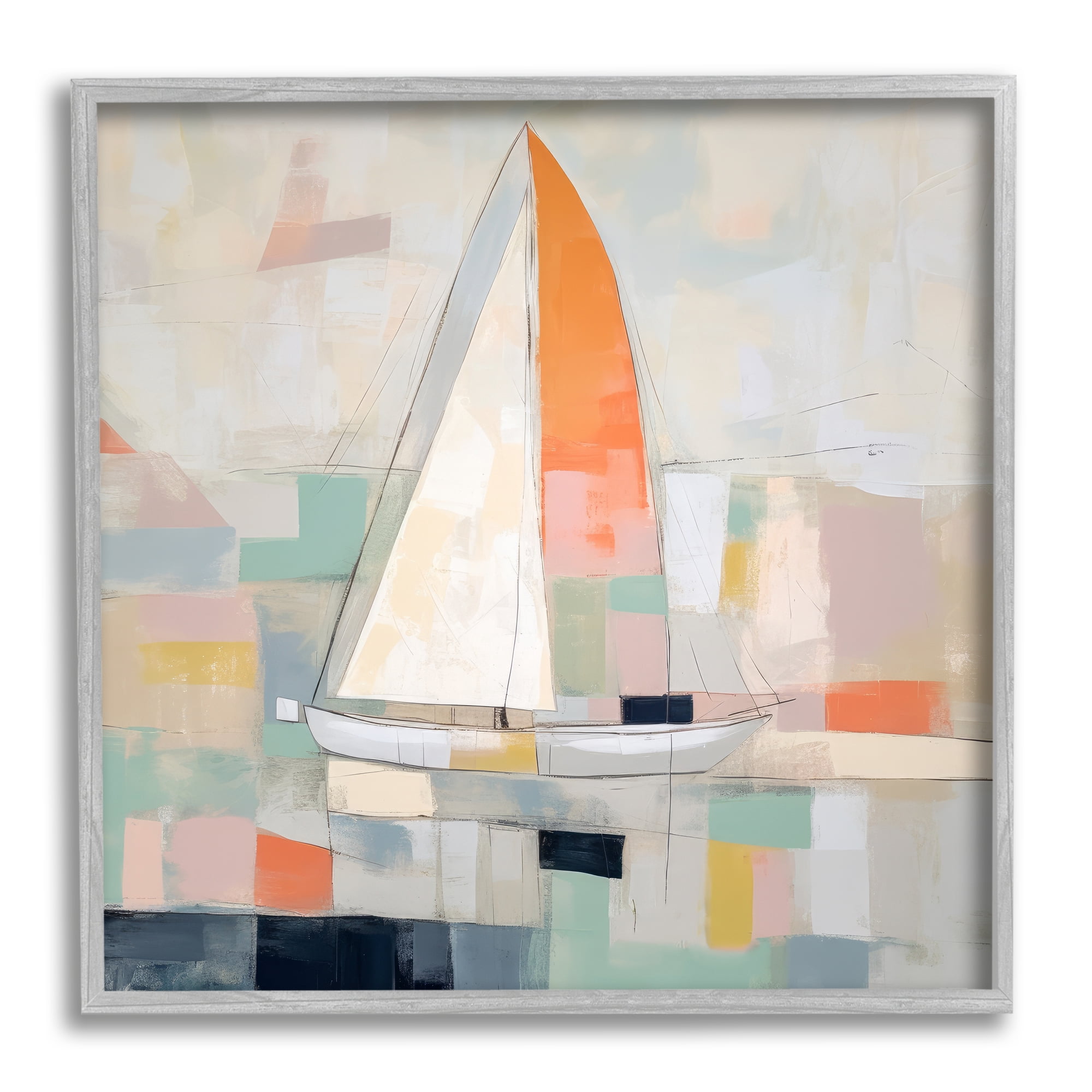 Stupell Industries Contemporary Sailboat Painting Abstract Painting Gray Framed Art Print Wall Art, 24 x 24