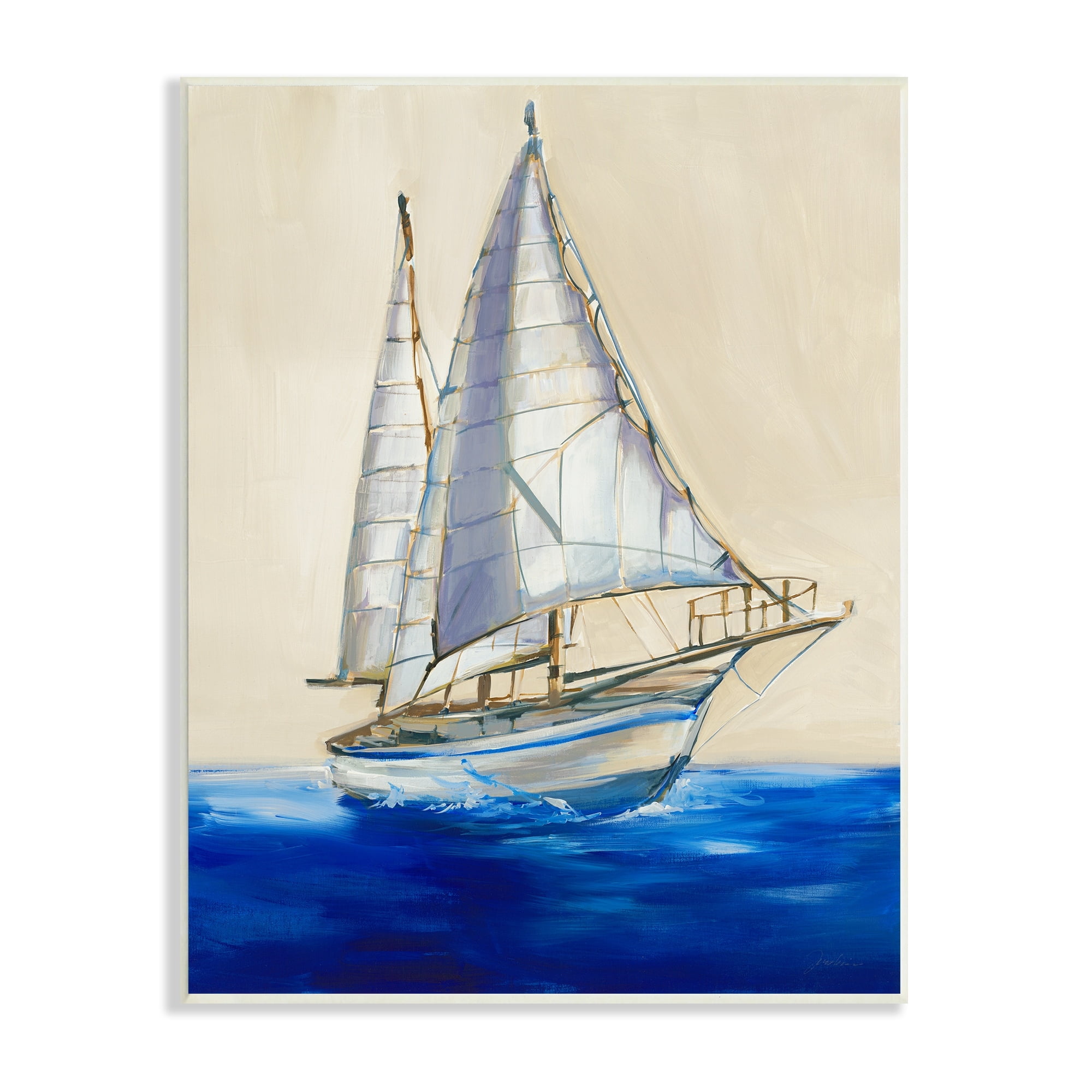 Stupell Industries Contemporary Sailboat Yacht Deep Blue Waves Neutral Sky, 13 x 19,Design by Liz Jardine