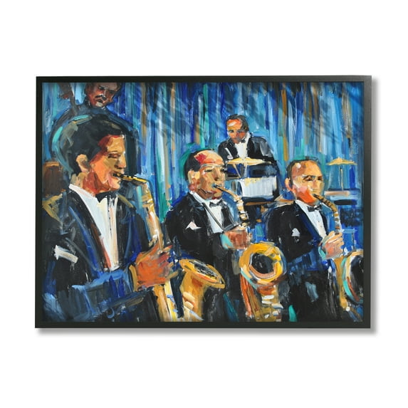 Stupell Industries Contemporary Saxophone Jazz Ensemble Expressive Musicians Beauty & Fashion Painting Black Framed Art Print Wall Art, 16 x 20