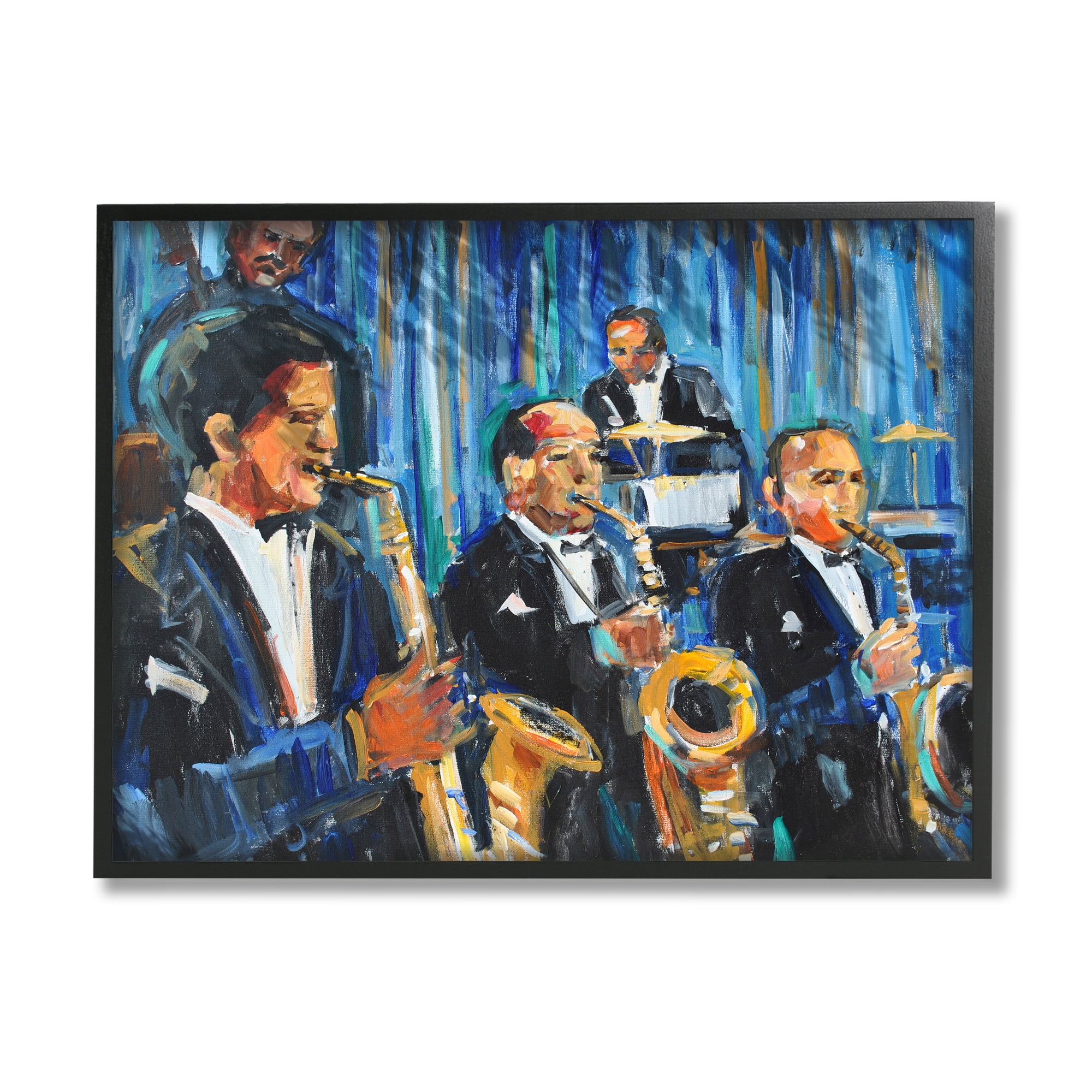 Stupell Industries Contemporary Saxophone Jazz Ensemble Expressive Musicians Beauty & Fashion Painting Black Framed Art Print Wall Art, 24 x 30