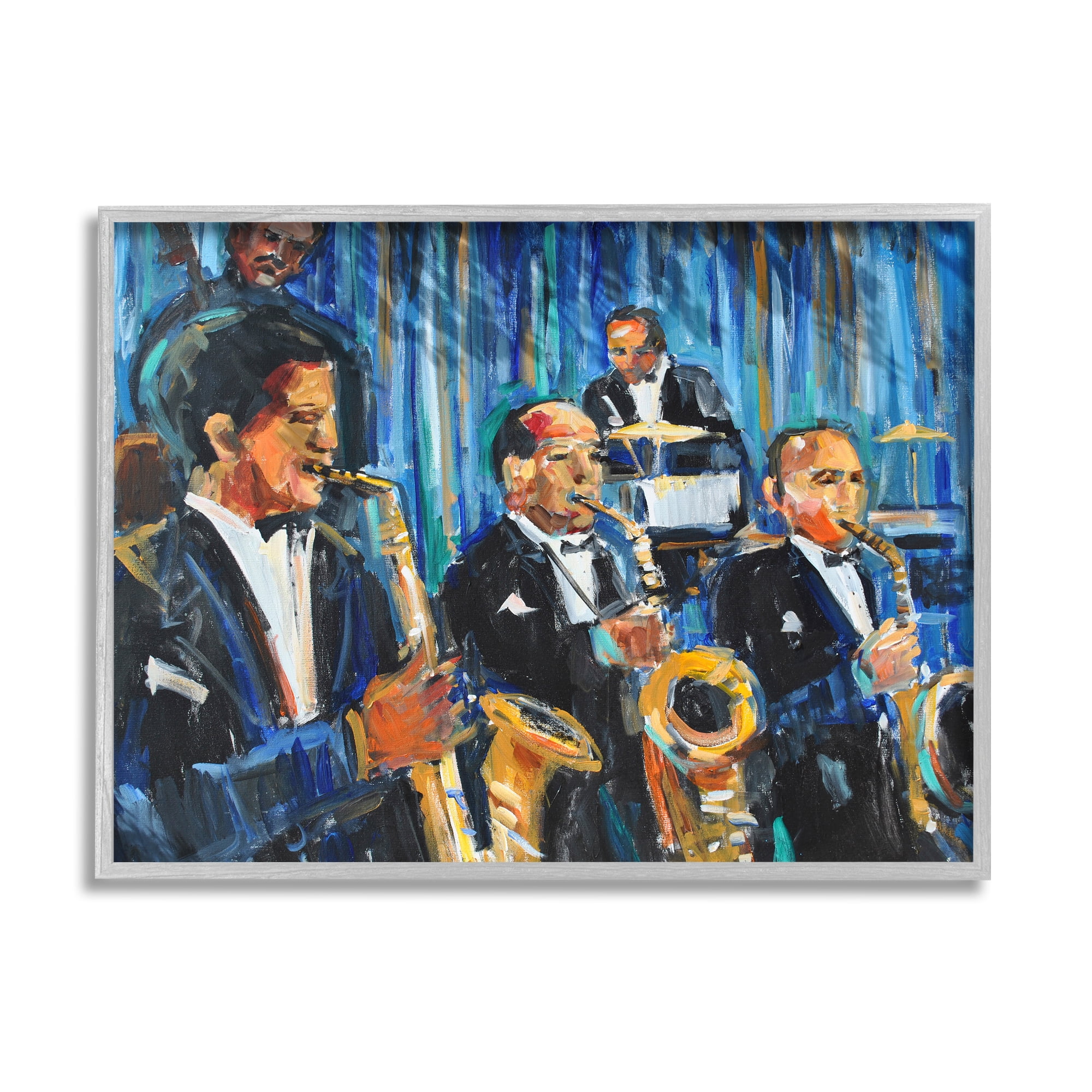 Stupell Industries Contemporary Saxophone Jazz Ensemble Expressive Musicians Beauty & Fashion Painting Gray Framed Art Print Wall Art, 11 x 14