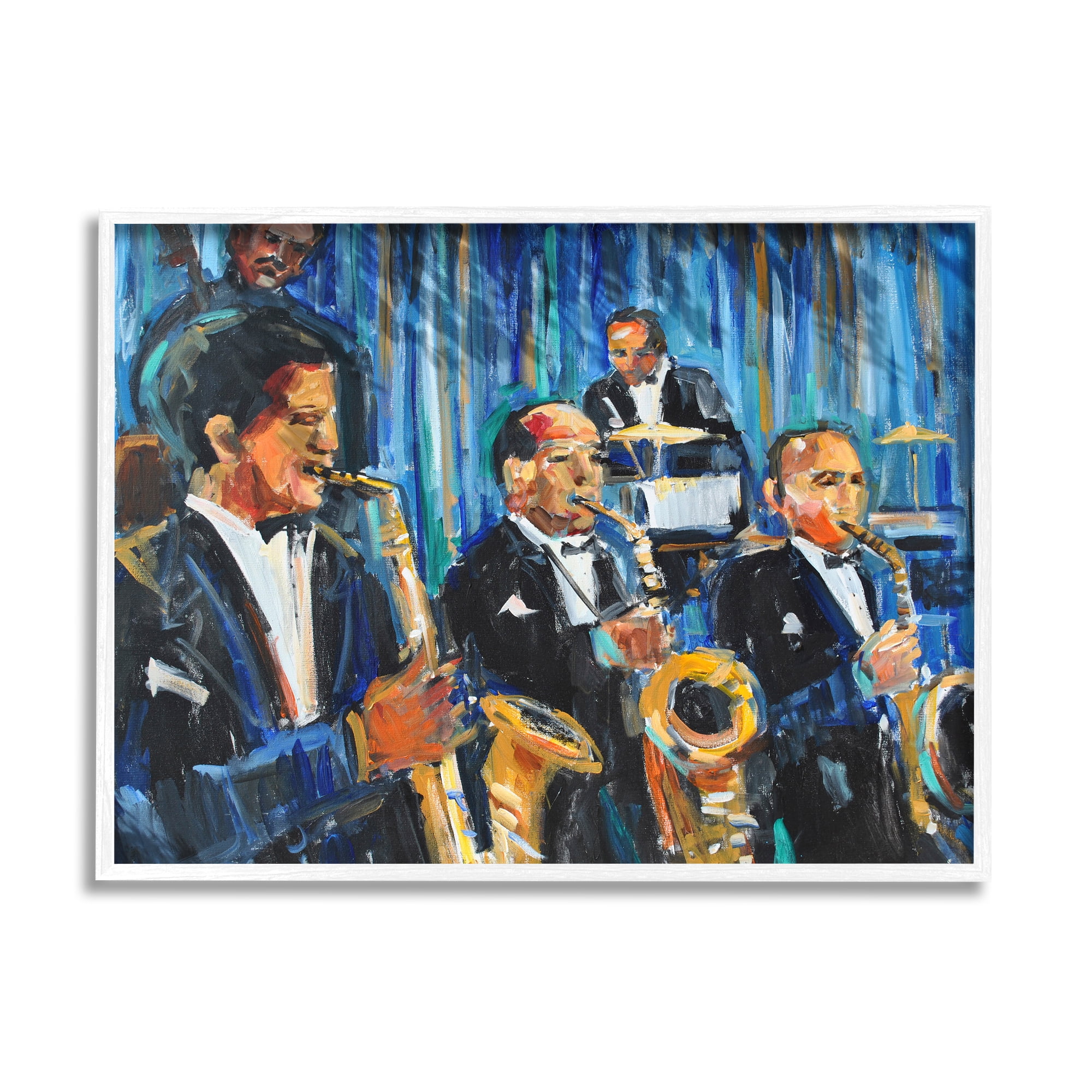 Stupell Industries Contemporary Saxophone Jazz Ensemble Expressive Musicians Beauty & Fashion Painting White Framed Art Print Wall Art, 24 x 30