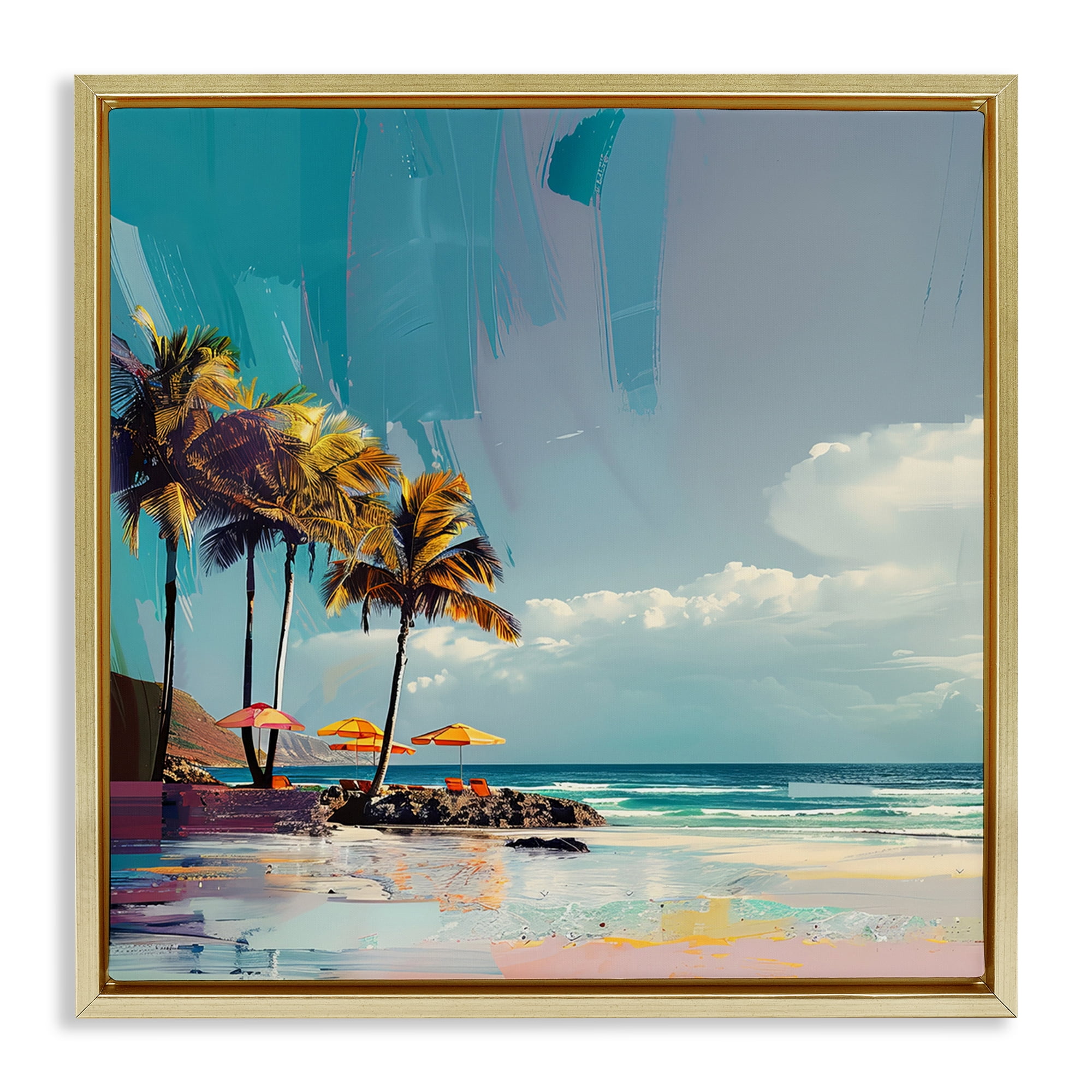 Stupell Industries Contemporary Shoreline in Summer Nautical & Beach Painting Gold Floater Framed Canvas Art Print Wall Art, 25 x 25
