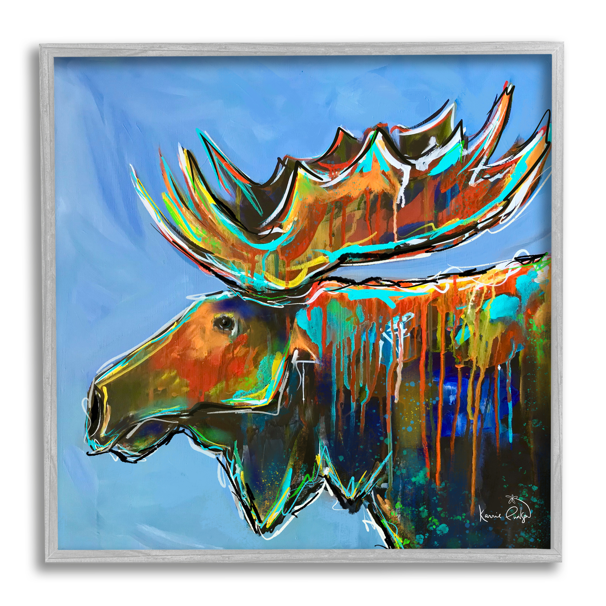 Stupell Industries Contemporary Street Style Paint Drip Bold Moose Antlers Painting Gray Framed Art Print Wall Art, Design by Karrie Evenson