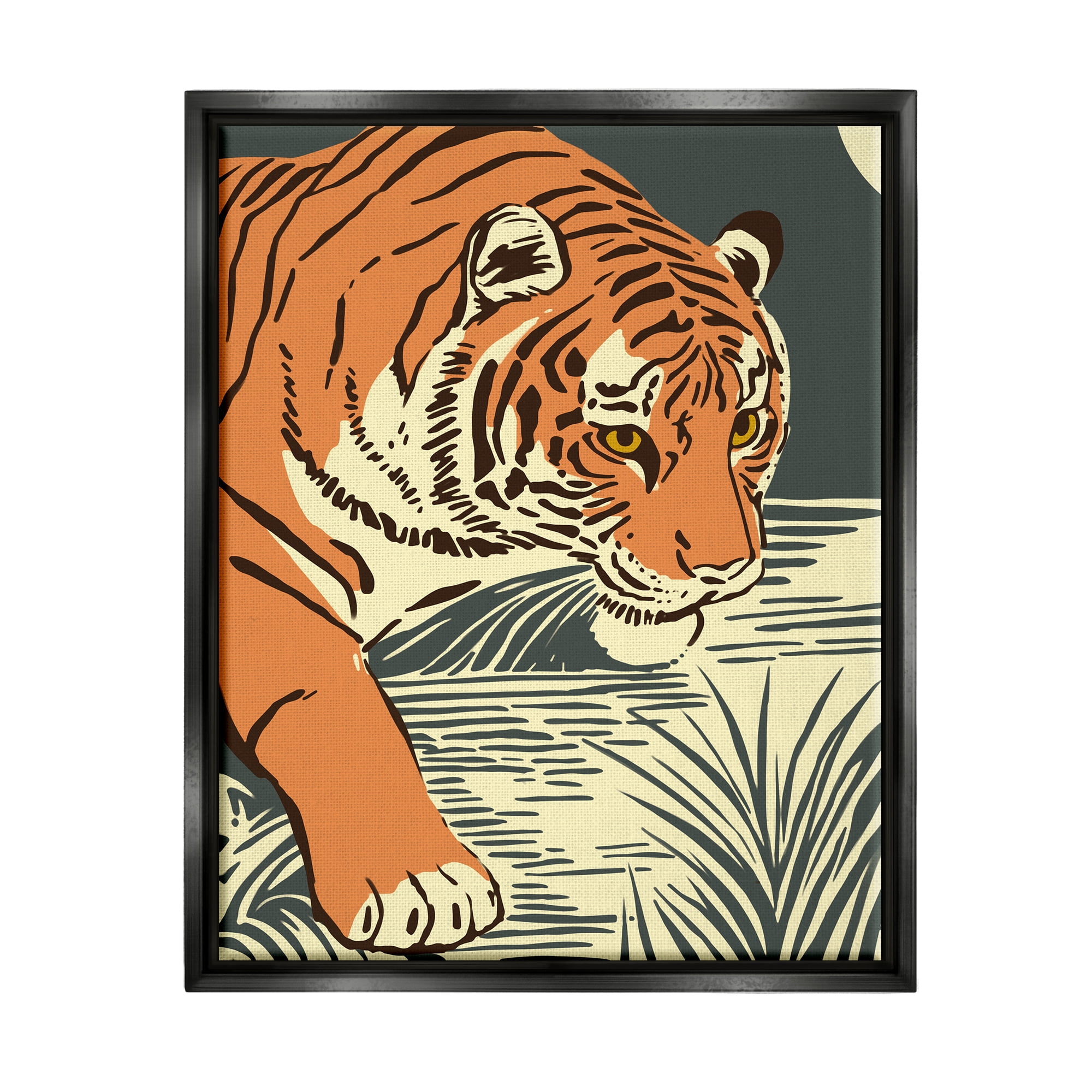 Stupell Industries Contemporary Tiger Jungle Nature Animals & Insects Painting Black Floater Framed Art Print Wall Art
